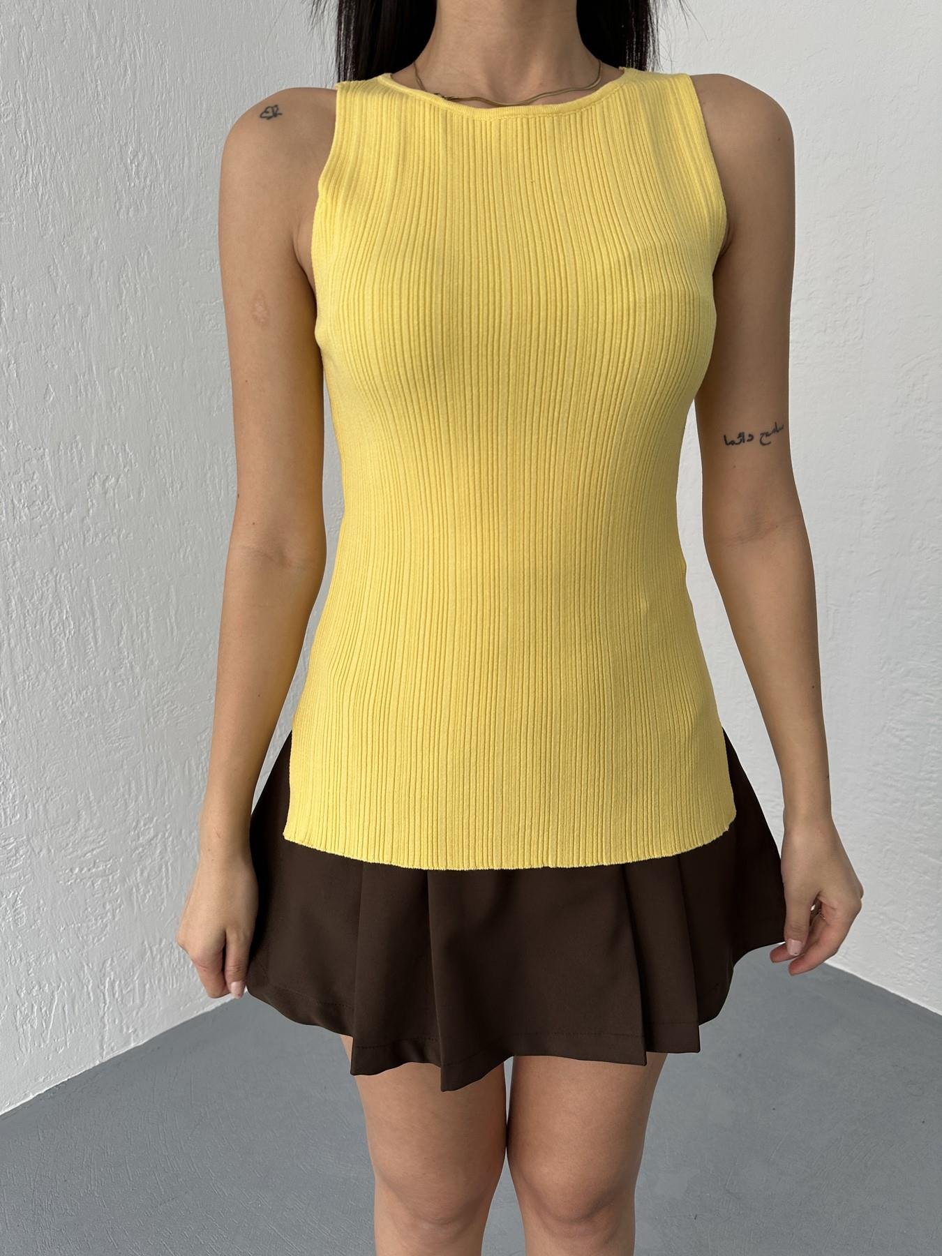 Kayık Yaka Fitilli Triko Bluz Koyu sarı