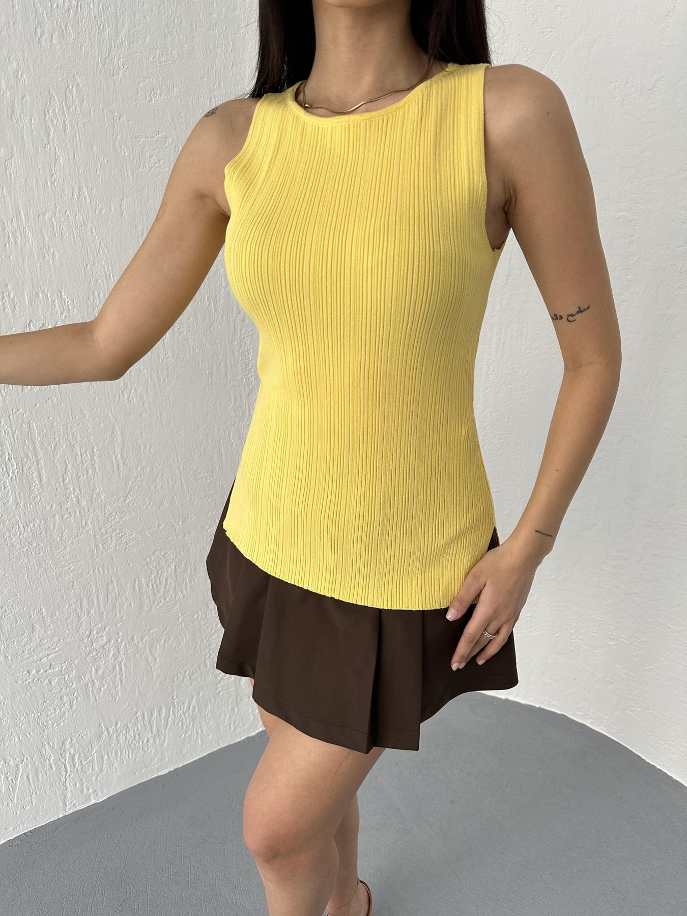 Kayık Yaka Fitilli Triko Bluz Koyu sarı