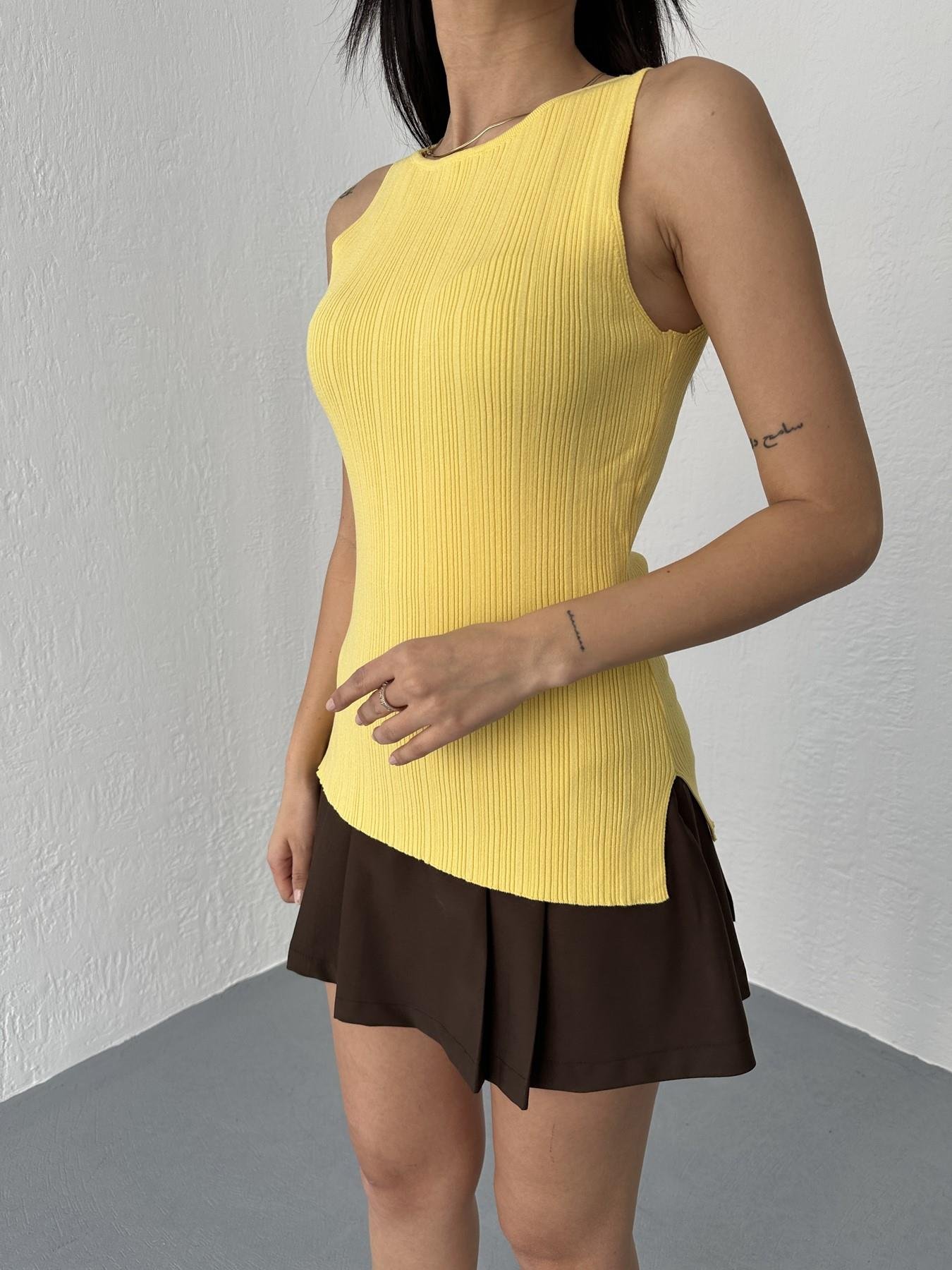 Kayık Yaka Fitilli Triko Bluz Koyu sarı