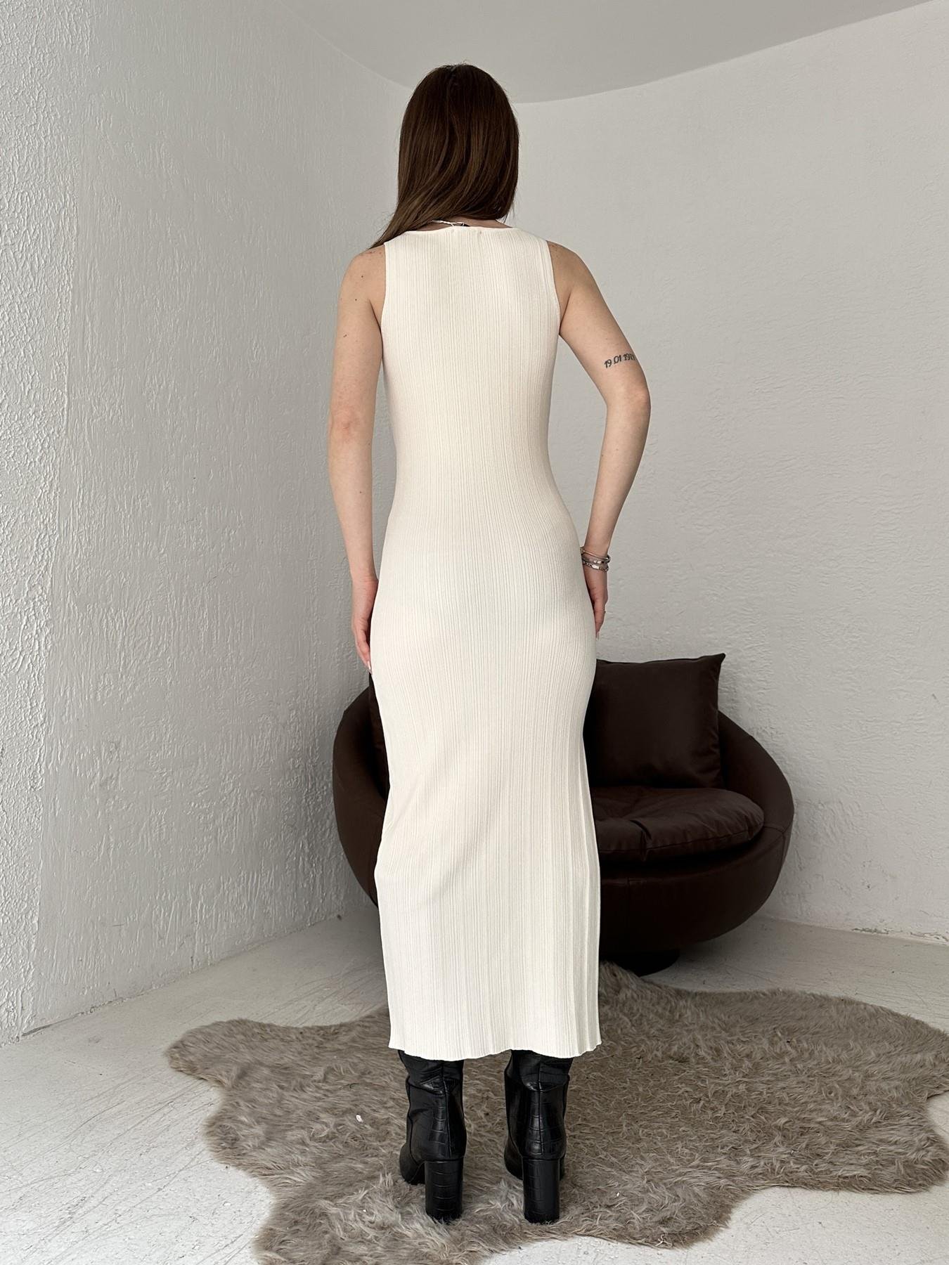 Kayık Yaka Fitilli Yırtmaçlı Triko Elbise KREM