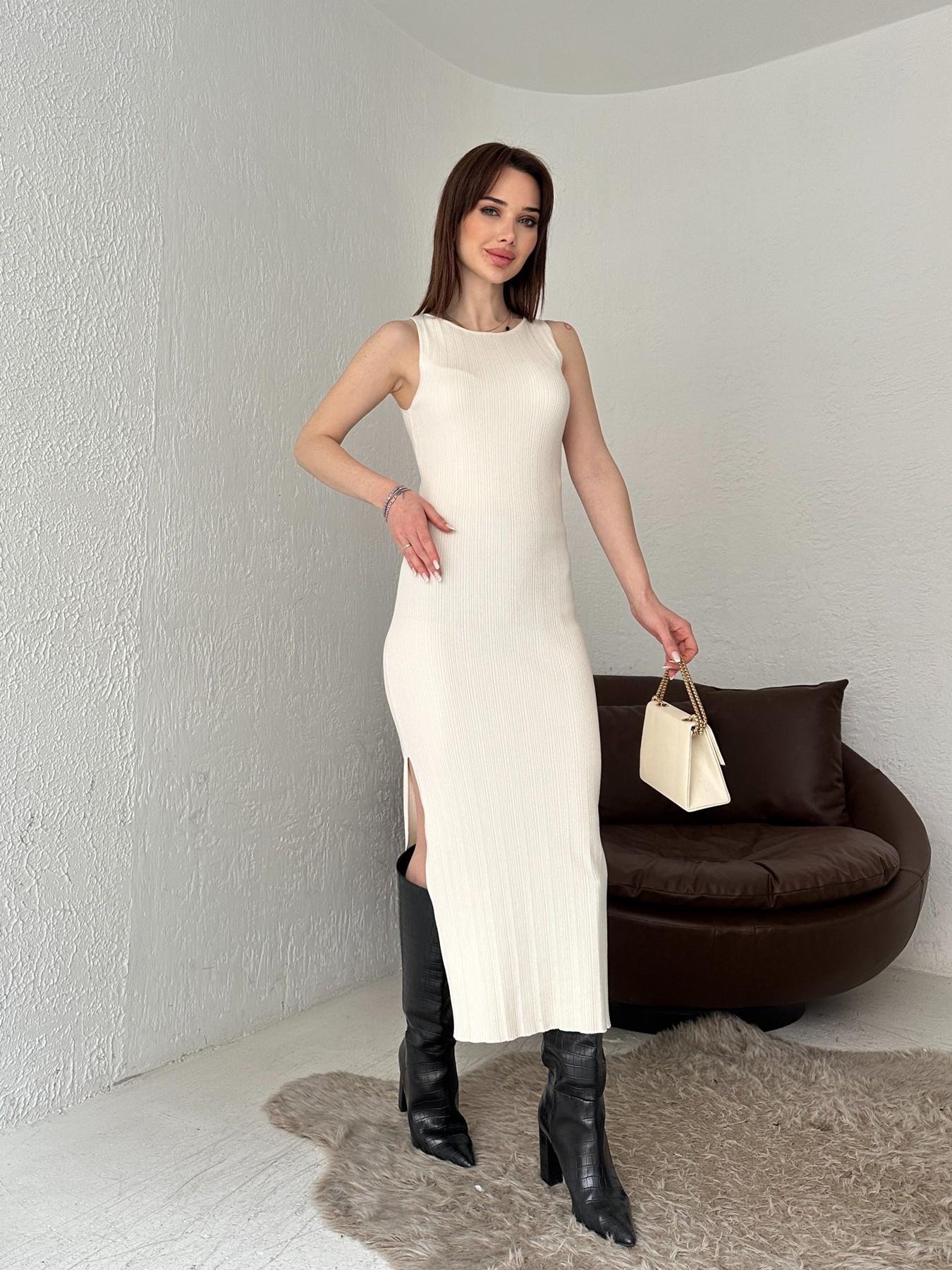 Kayık Yaka Fitilli Yırtmaçlı Triko Elbise KREM