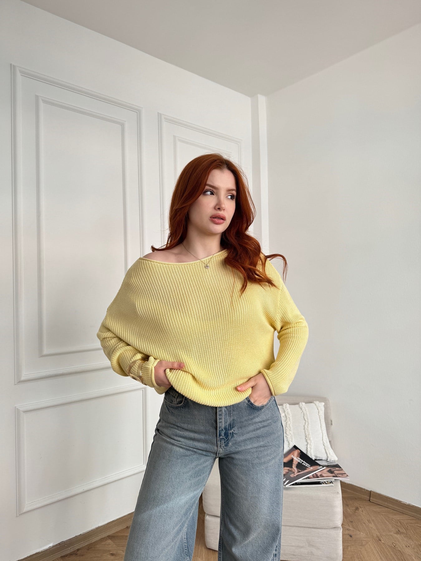 Kayık Yaka Oversize Triko Açık sarı