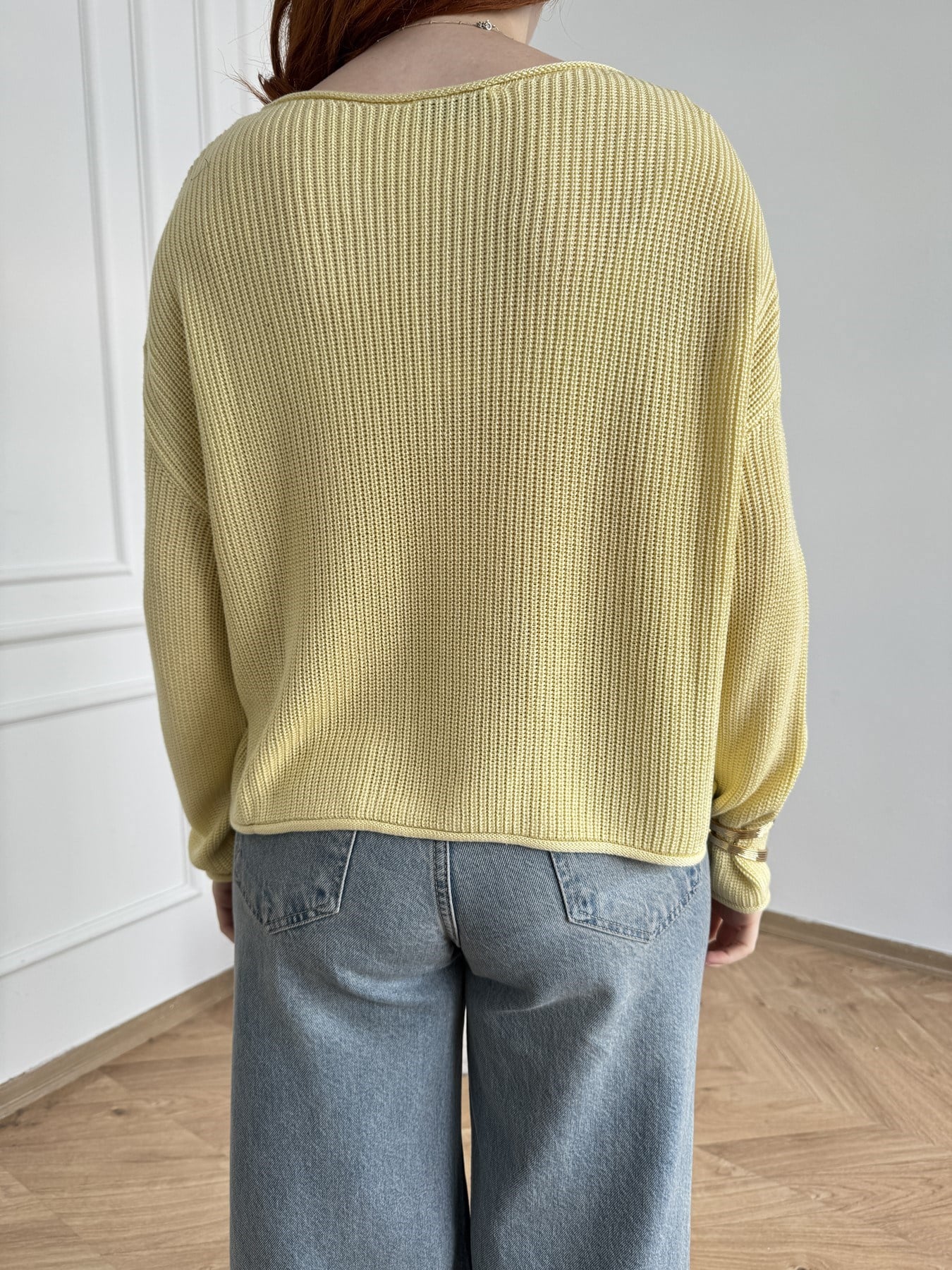 Kayık Yaka Oversize Triko Açık sarı