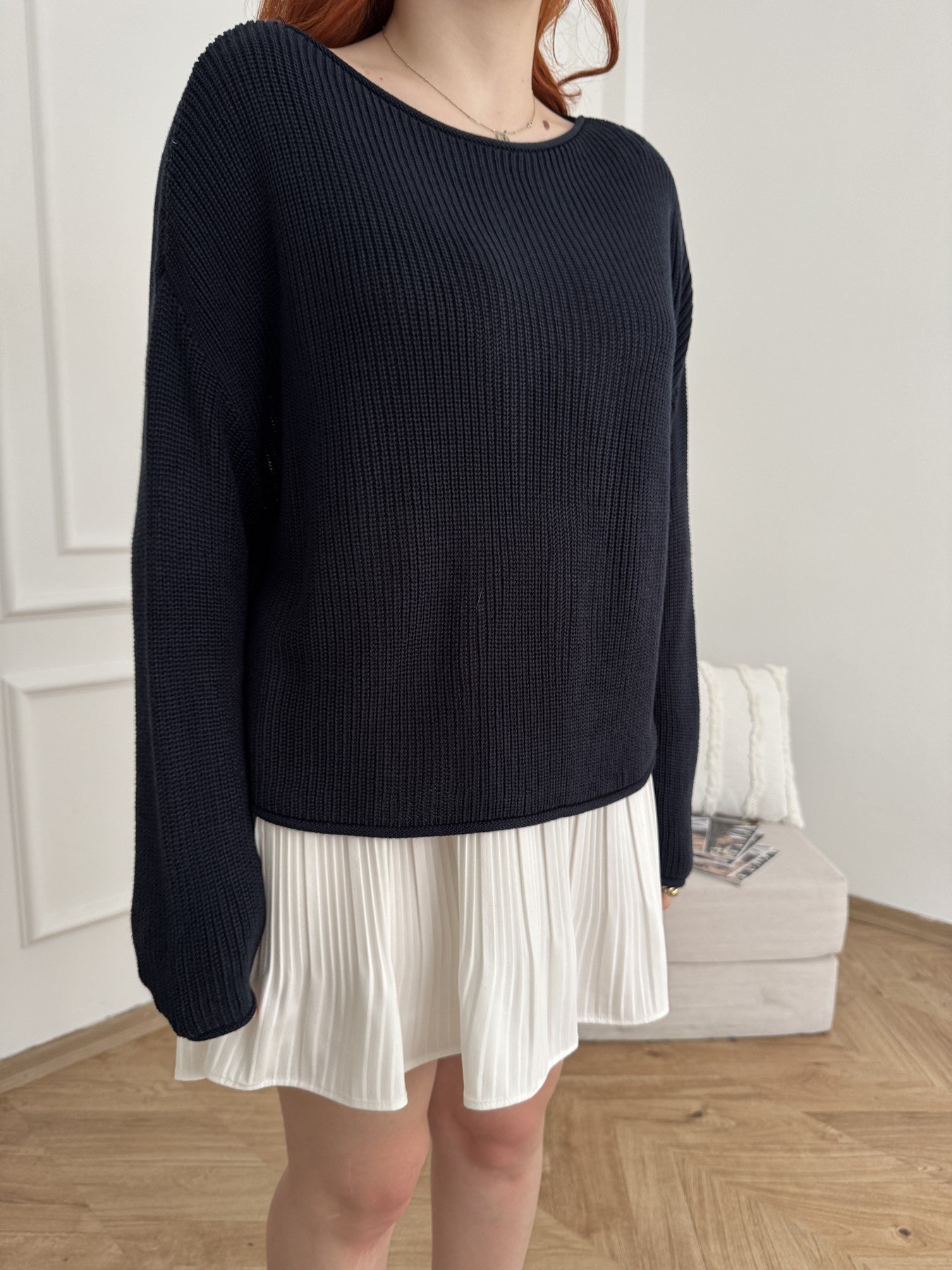 Kayık Yaka Oversize Triko Lacivert