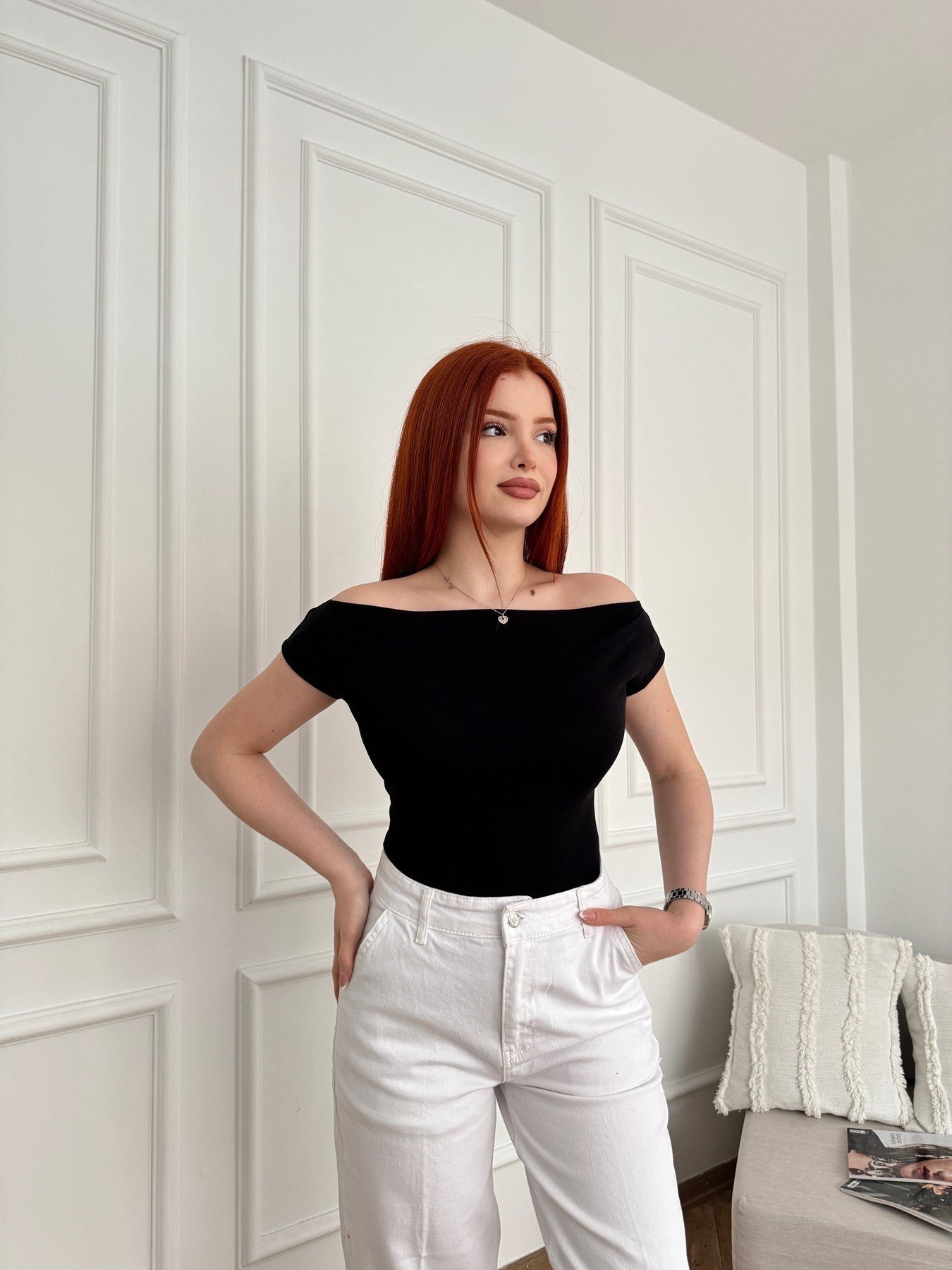 Kayık Yaka Penye Badi Siyah
