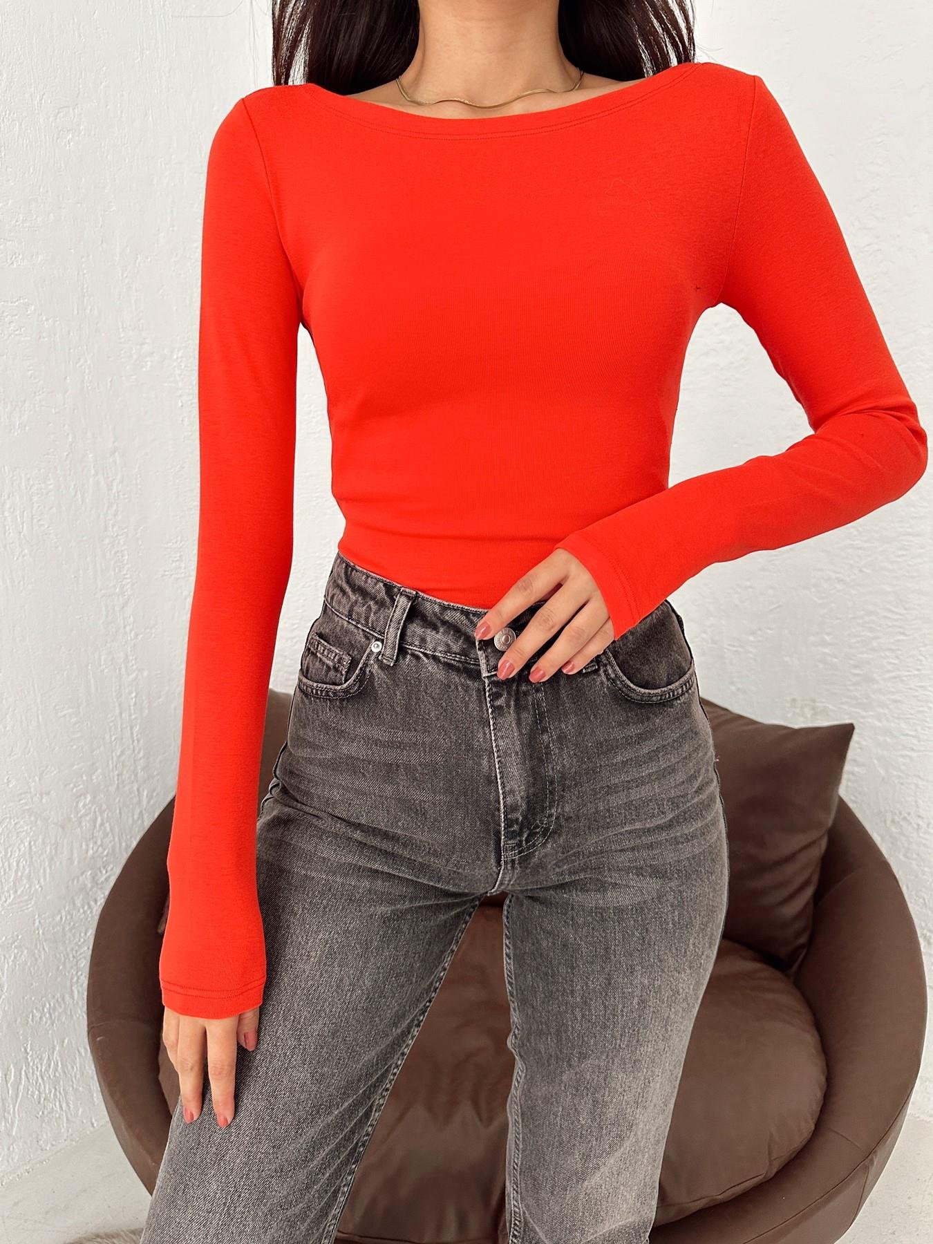 Kayık Yaka Uzun Kol Crop KIRMIZI