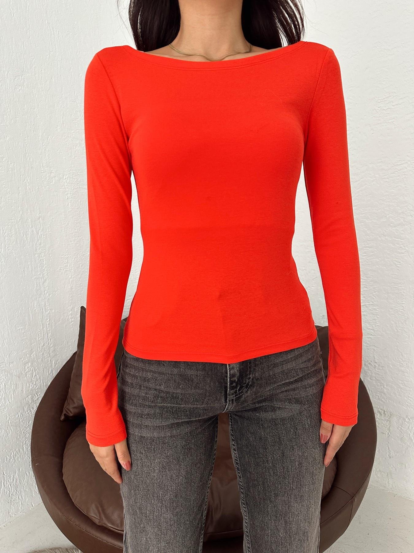 Kayık Yaka Uzun Kol Crop KIRMIZI