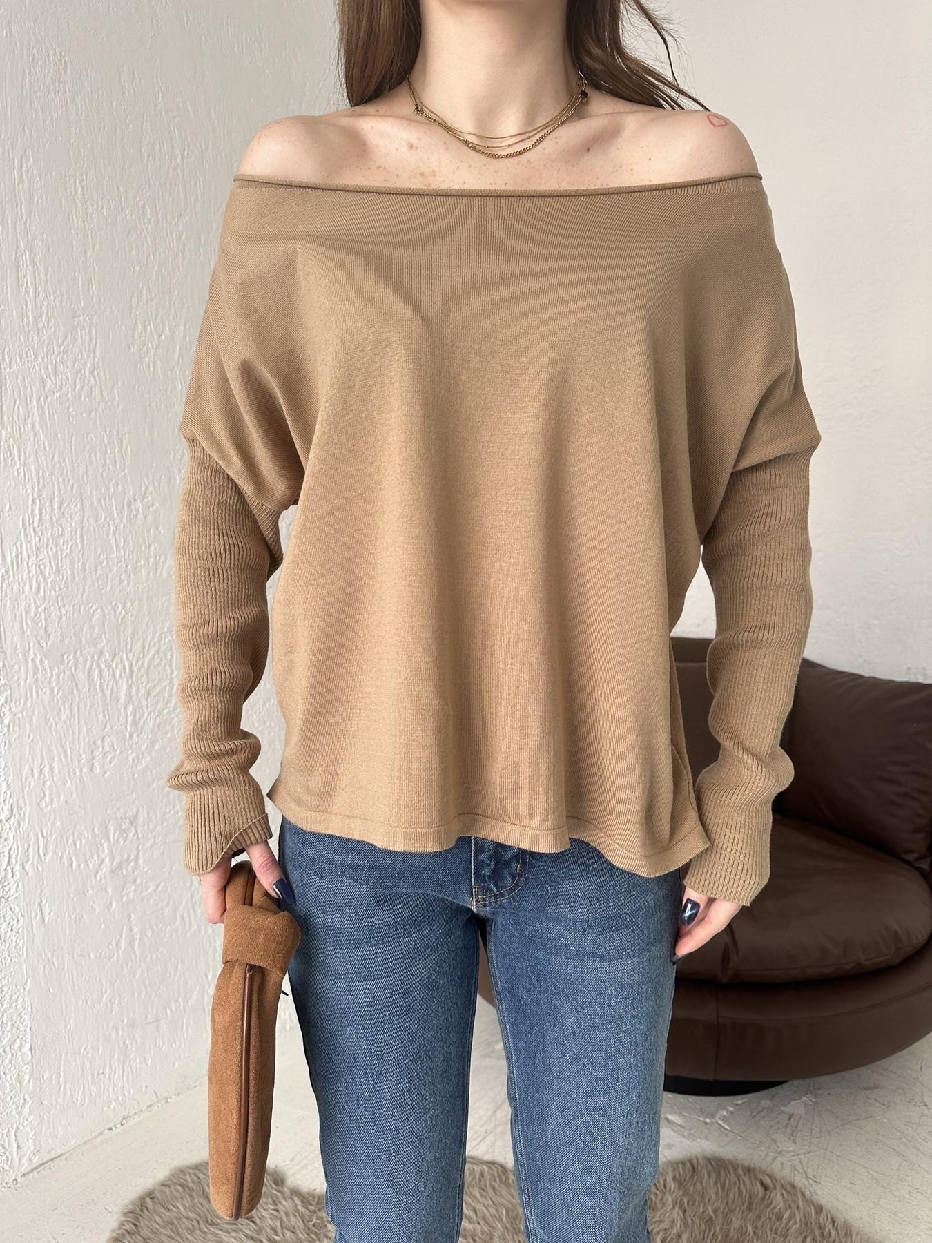 Kayık Yaka Uzun Kollu Triko VİZON