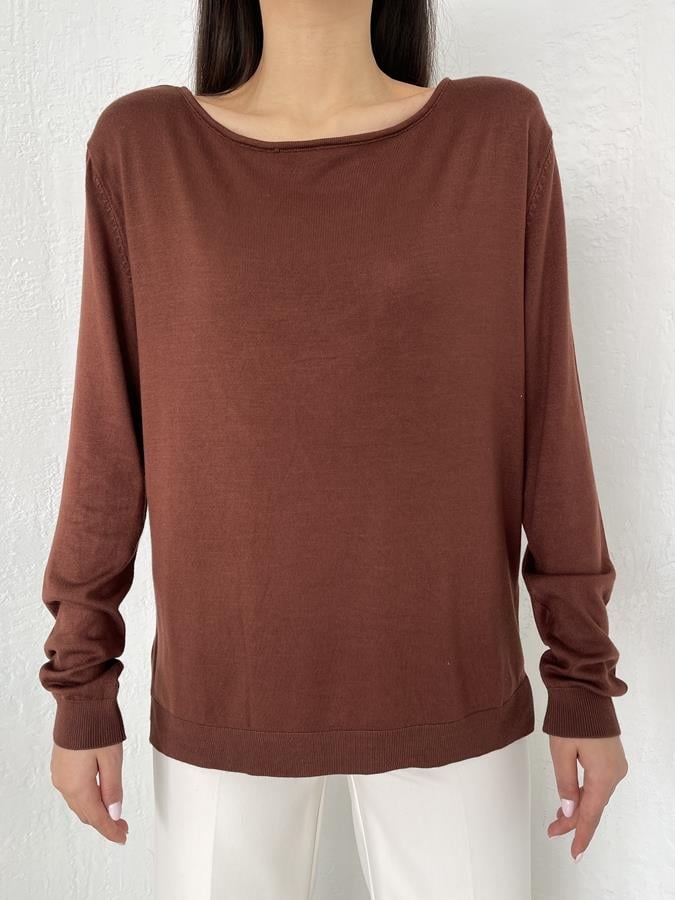 Kayık Yaka Yırtmaçlı Triko KAHVE