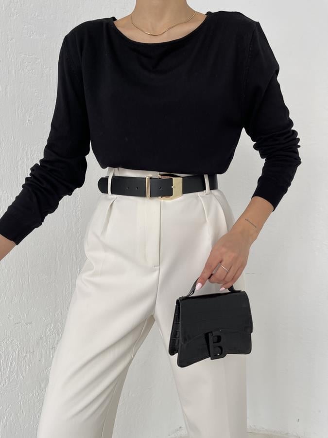 Kayık Yaka Yırtmaçlı Triko SİYAH