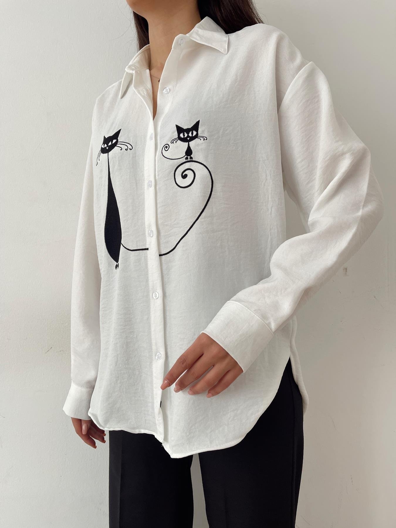 Kedi Nakışlı Keten Gömlek BEYAZ