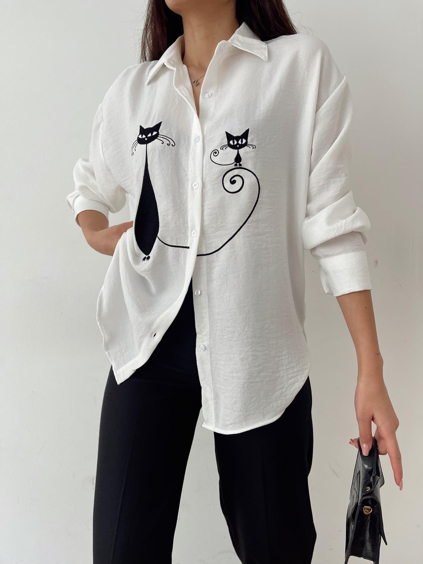 Kedi Nakışlı Keten Gömlek BEYAZ