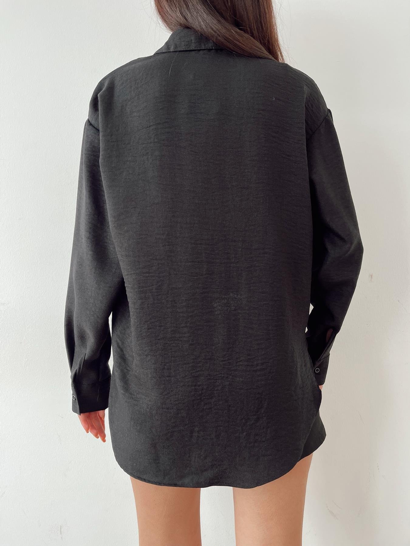 Kedi Nakışlı Keten Gömlek SİYAH