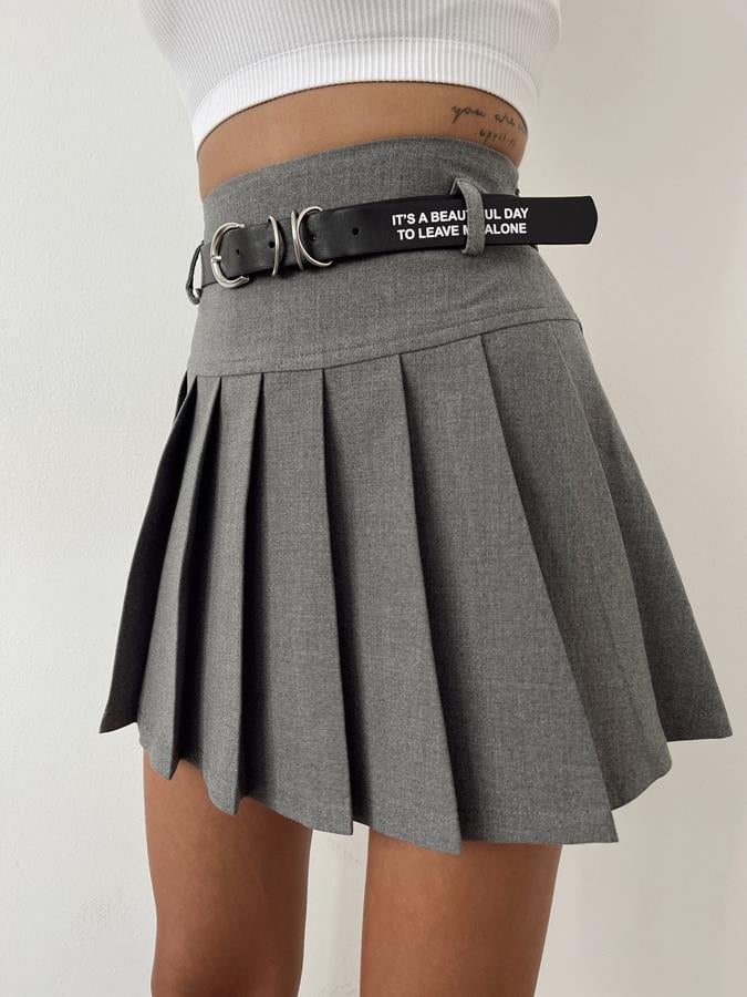 Kemer Detaylı Pileli Etek GRİ