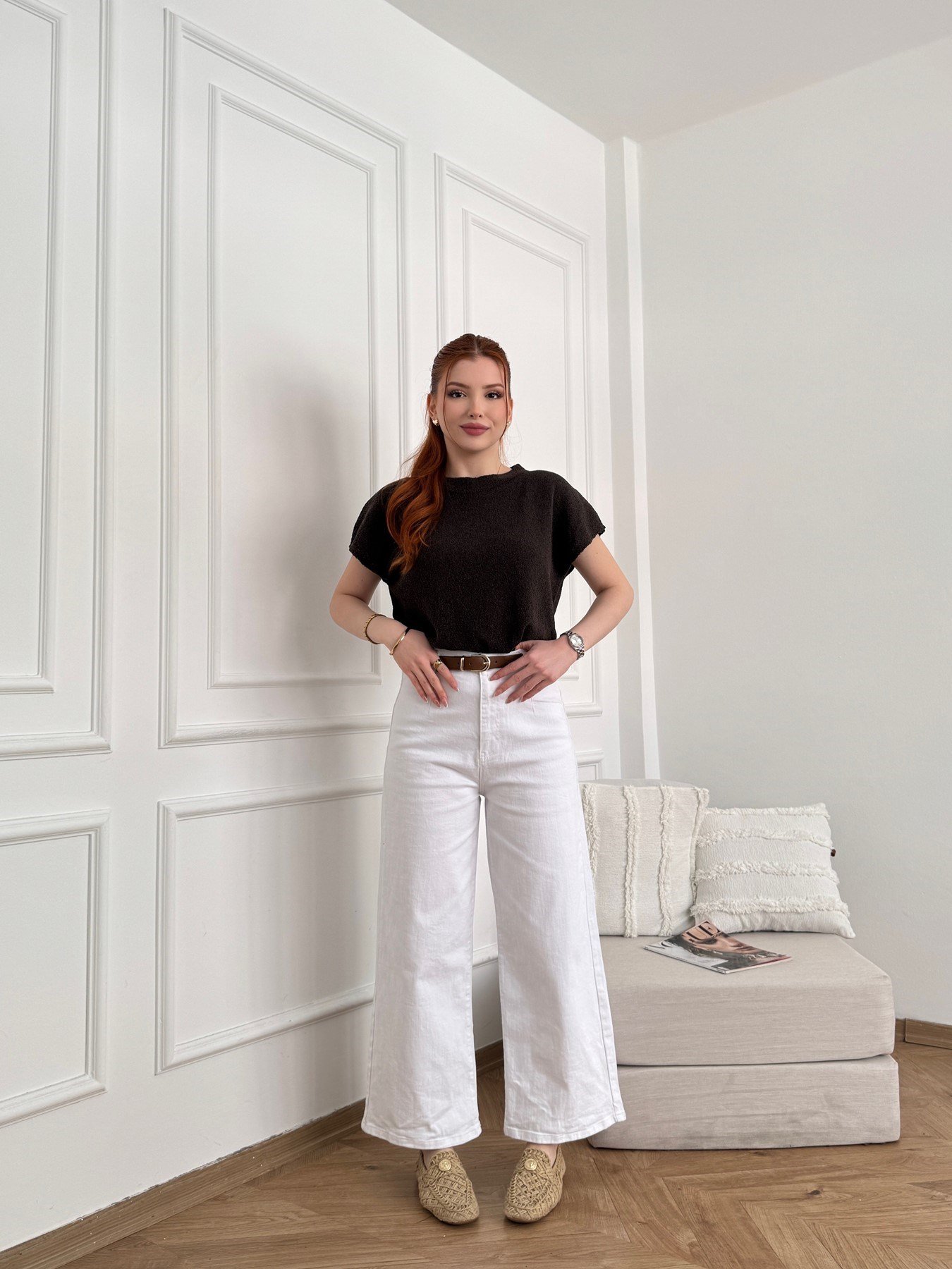 Kemerli Bol Paça Cepsiz Pantolon Beyaz