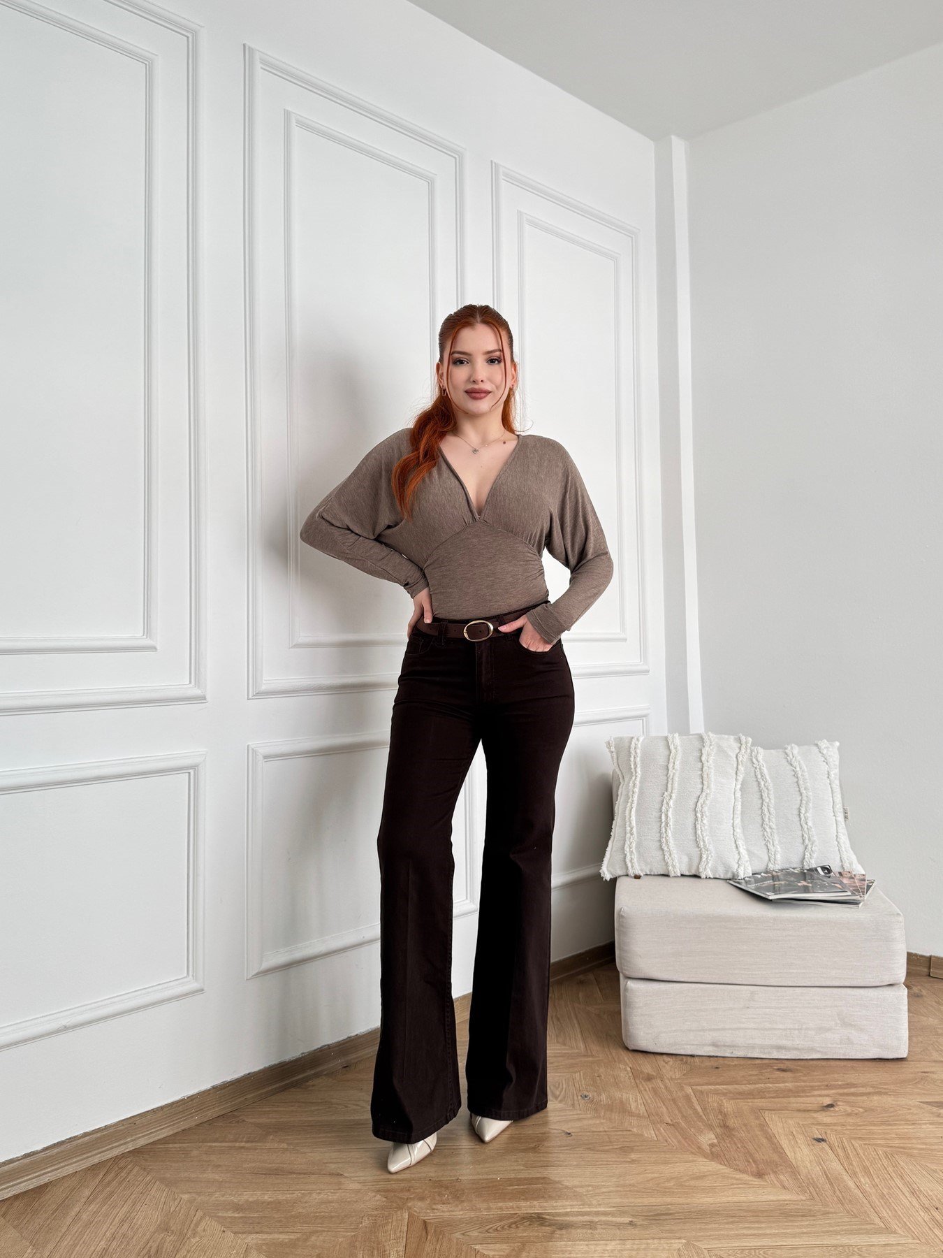 Kemerli Bol Paça Pantolon Kahve