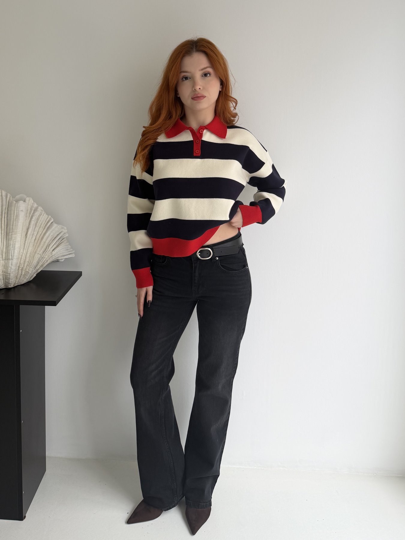 Kemerli Bootcut Jean Pantolon Siyah