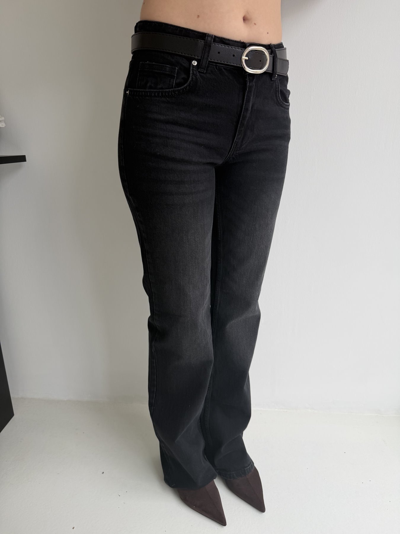 Kemerli Bootcut Jean Pantolon Siyah