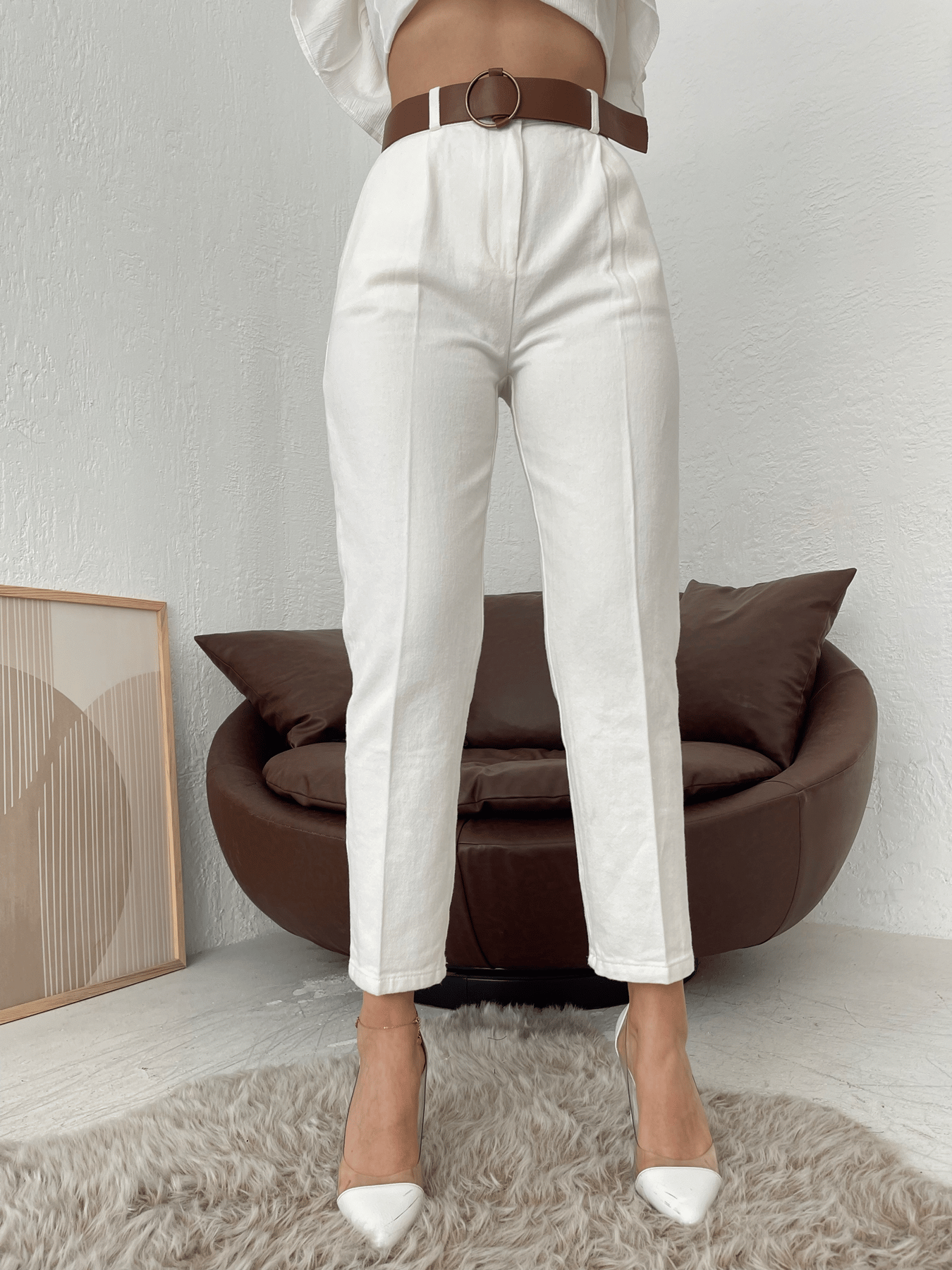 Kemerli Gabardin Pantolon Ekru