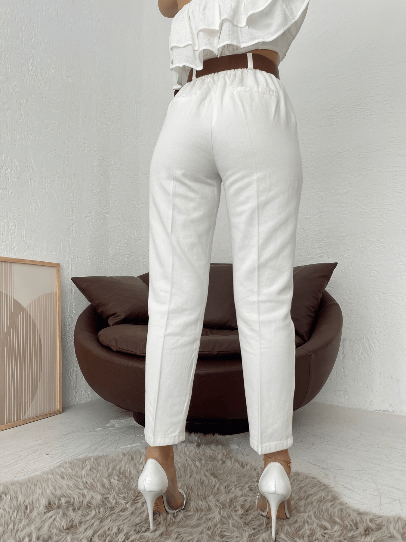 Kemerli Gabardin Pantolon Ekru