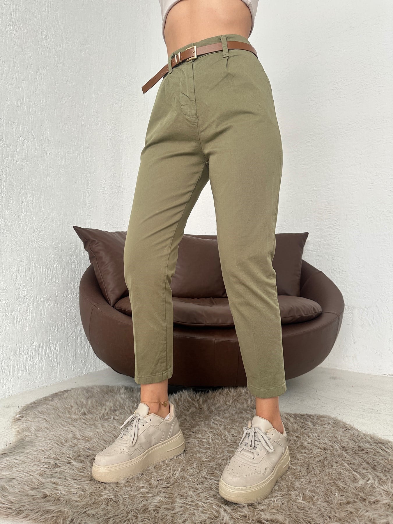 Kemerli Gabardin Pantolon Haki