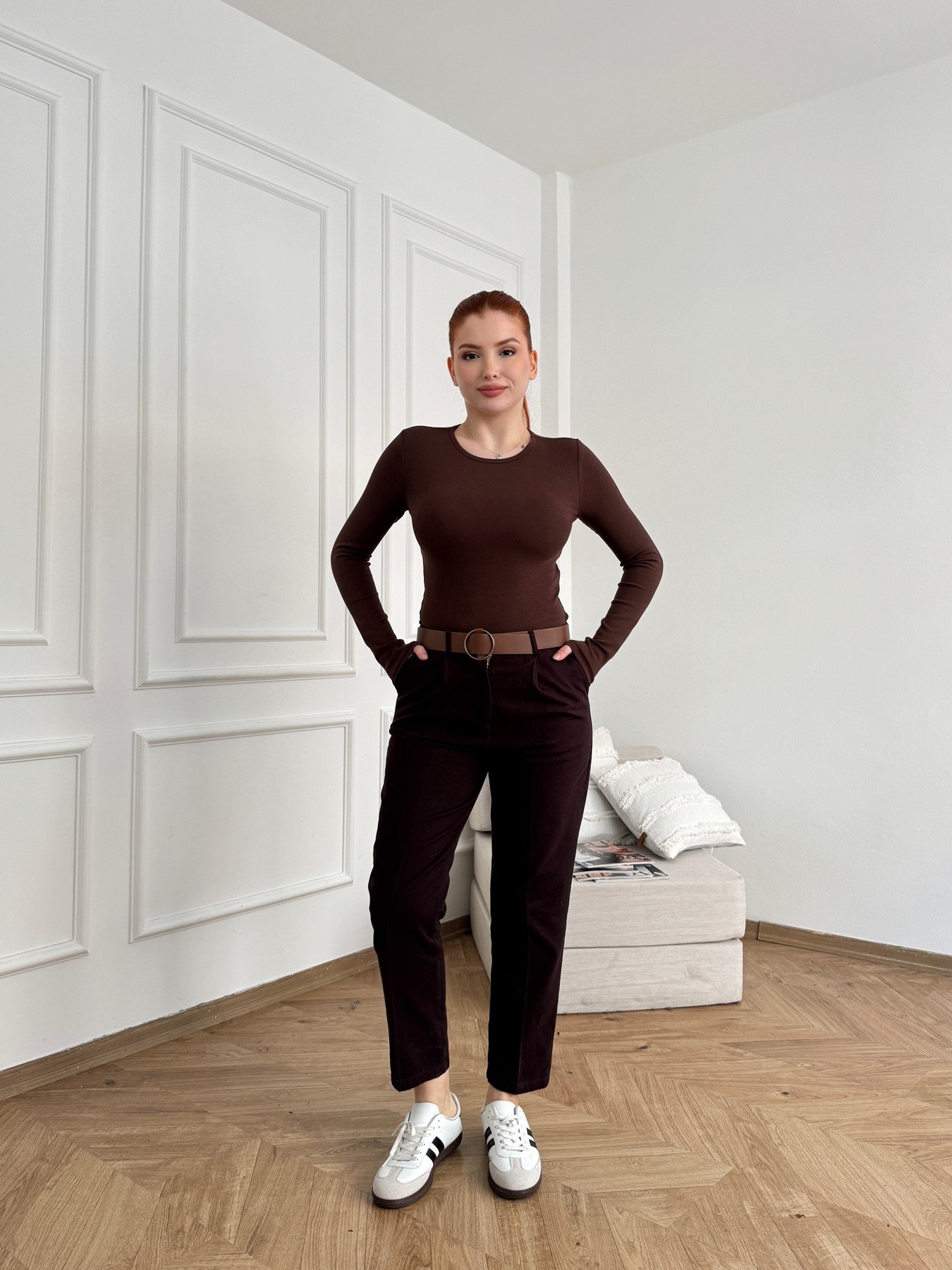 Kemerli Gabardin Pantolon Koyu kahve