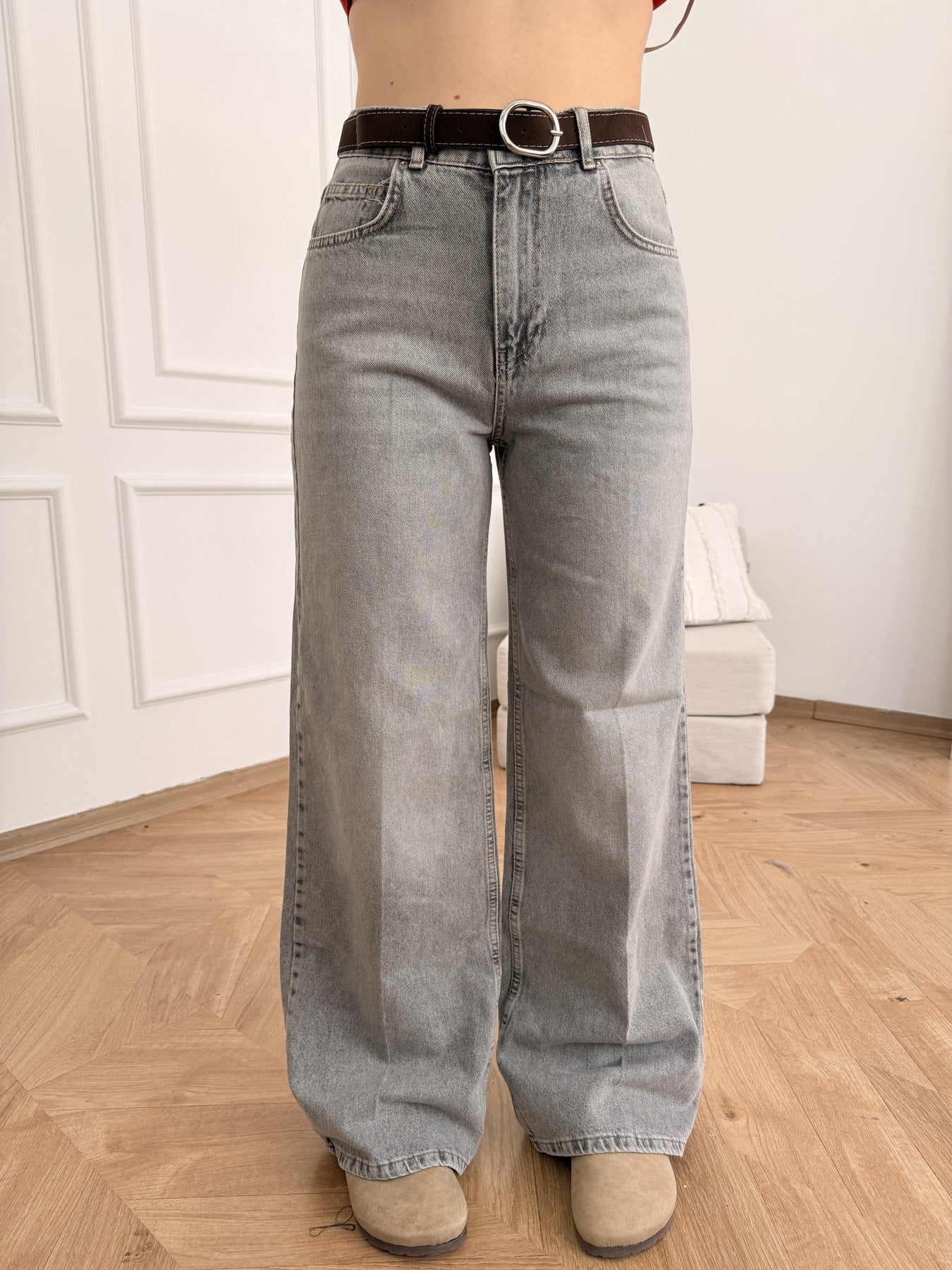 Kemerli Geniş Paça Pantolon Gri