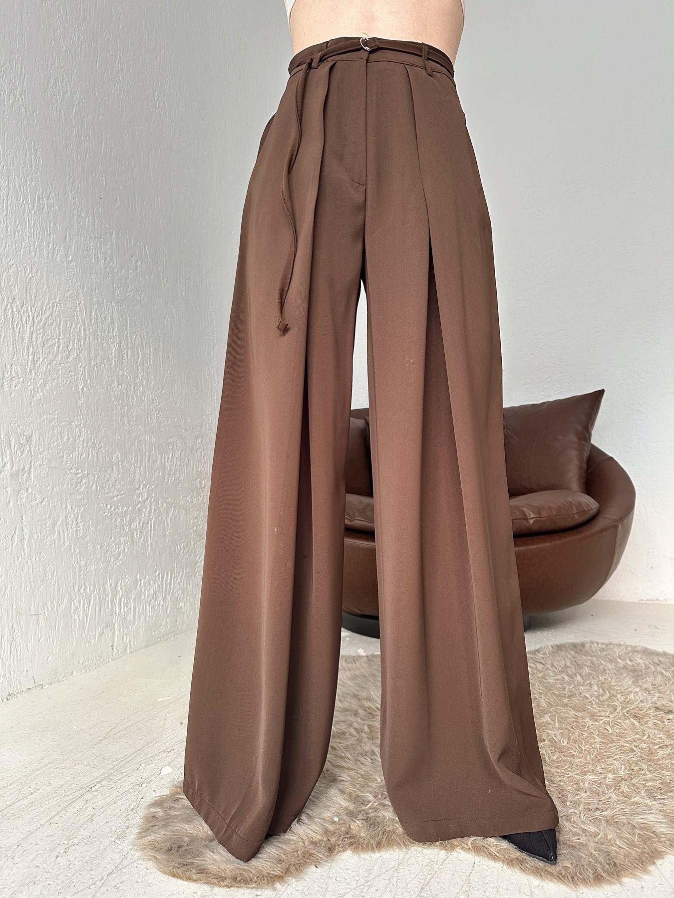 Kemerli Geniş Paça Pantolon KAHVE