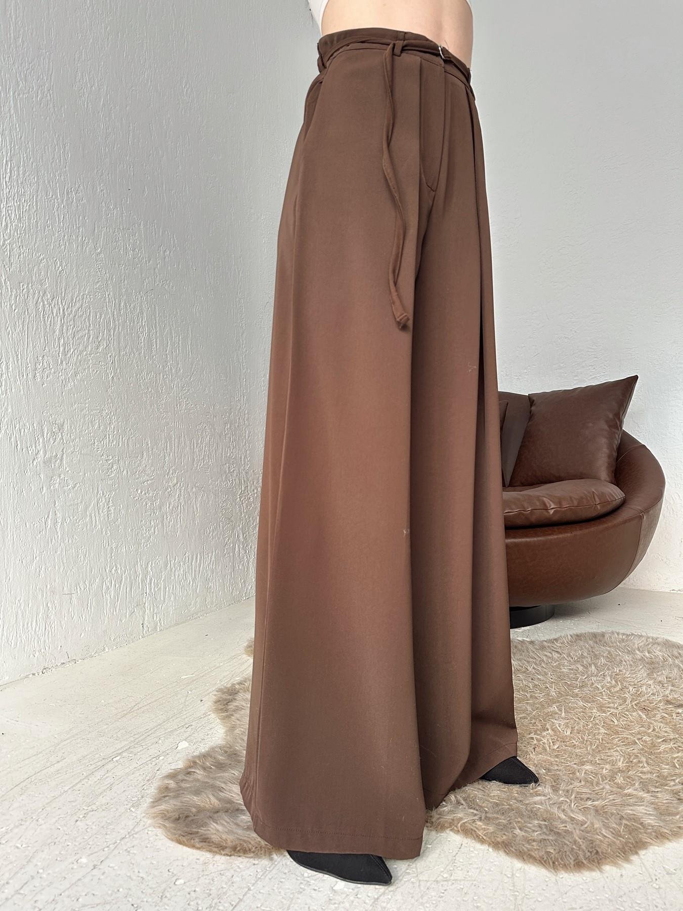 Kemerli Geniş Paça Pantolon KAHVE