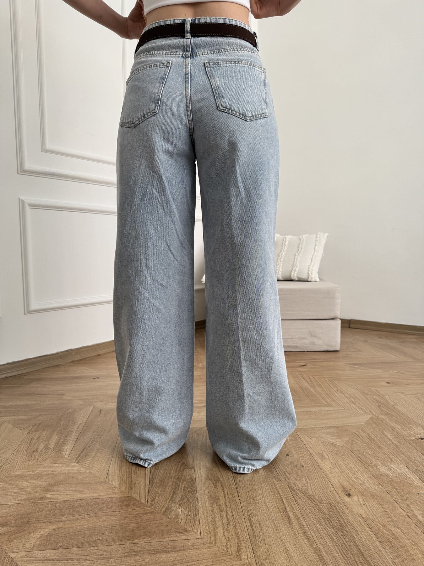 Kemerli Geniş Paça Pantolon Mavi