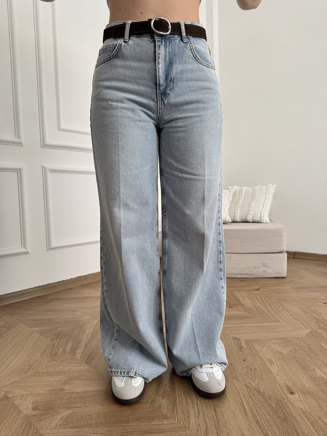 Kemerli Geniş Paça Pantolon Mavi
