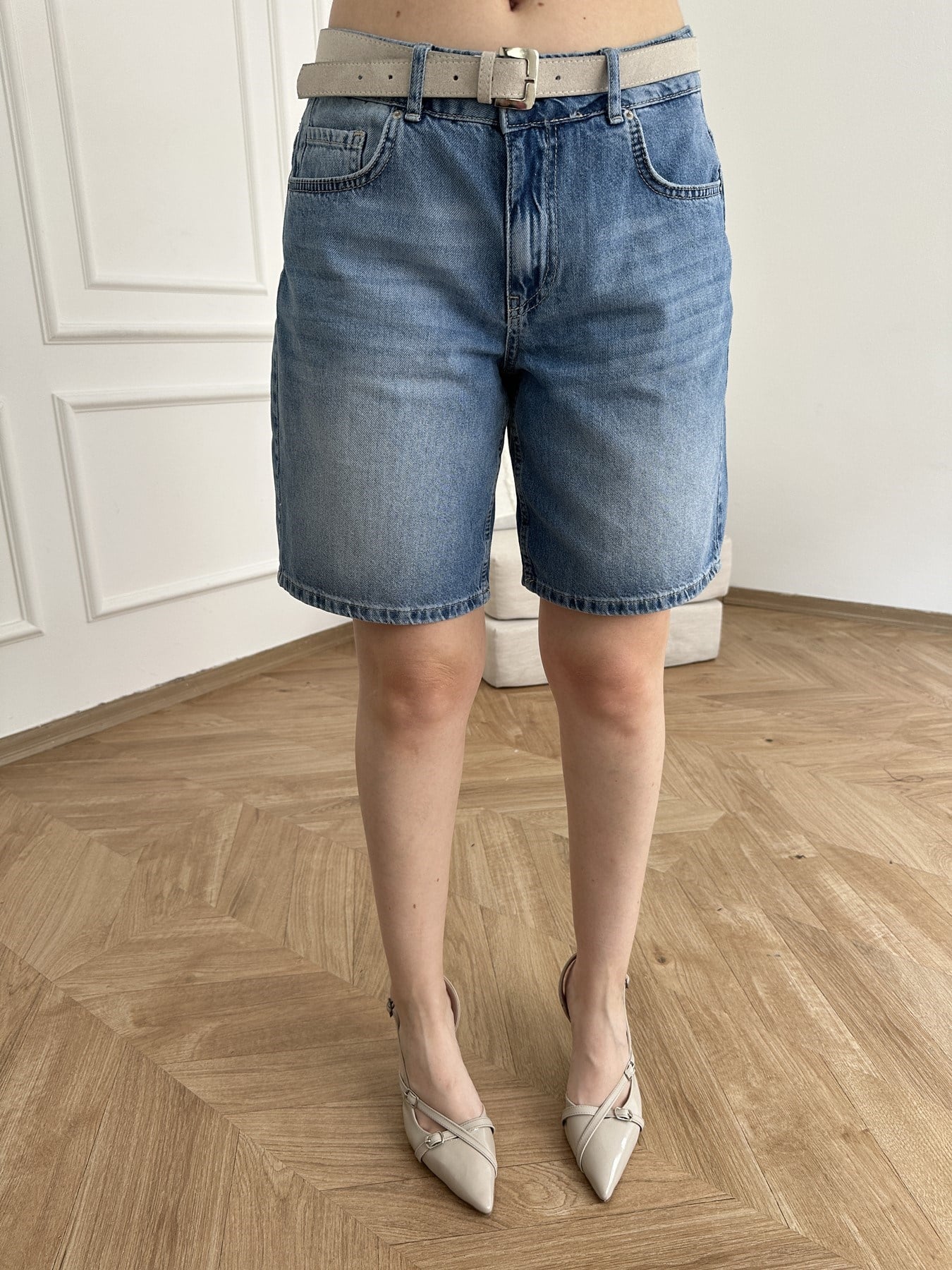 Kemerli Jean Şort Mavi