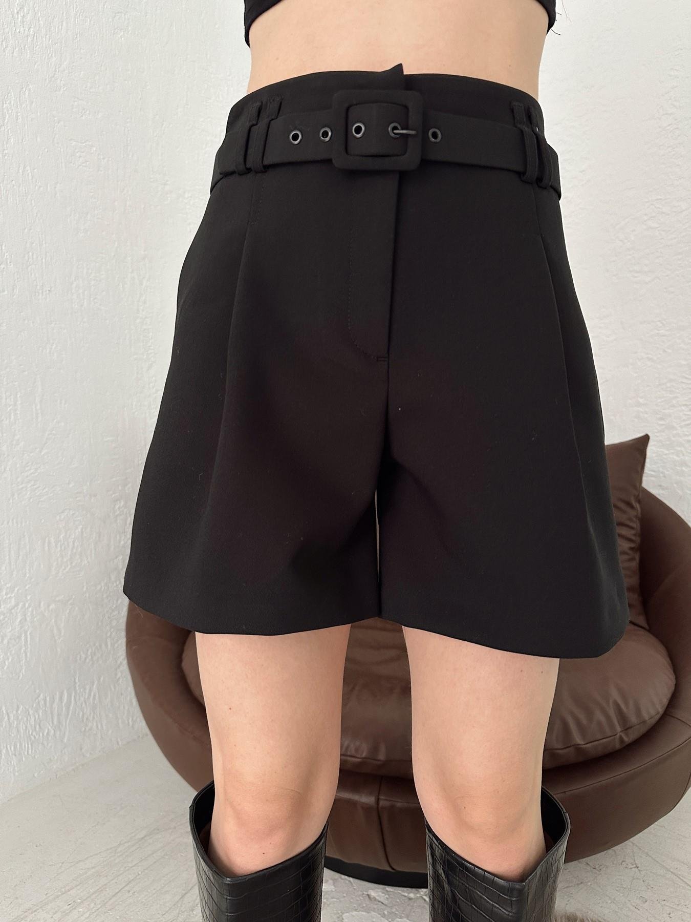 Kemerli Pensli Şort Siyah