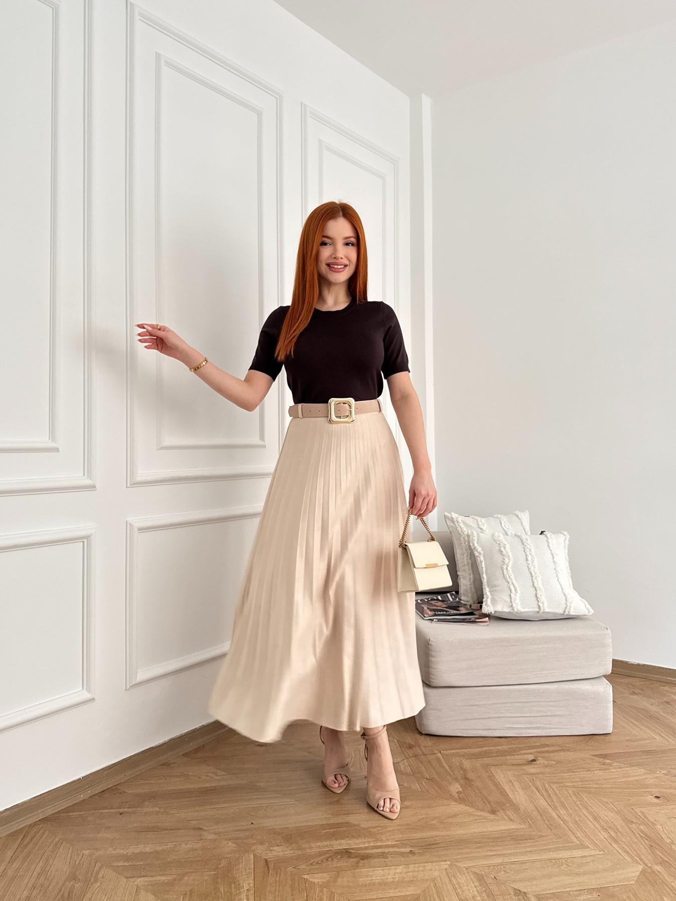 Kemerli Pileli Uzun Etek Ekru