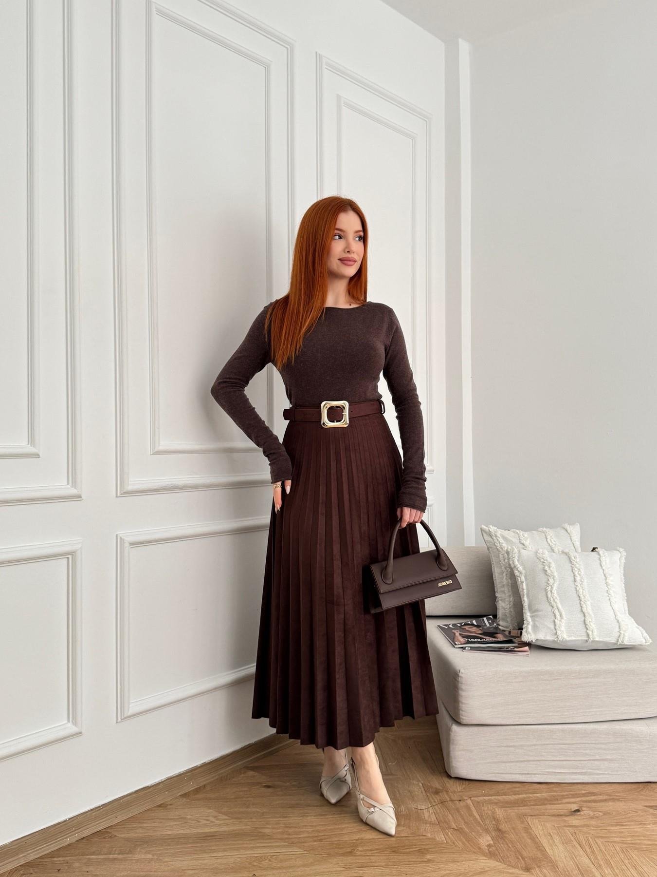 Kemerli Pileli Uzun Etek Kahve