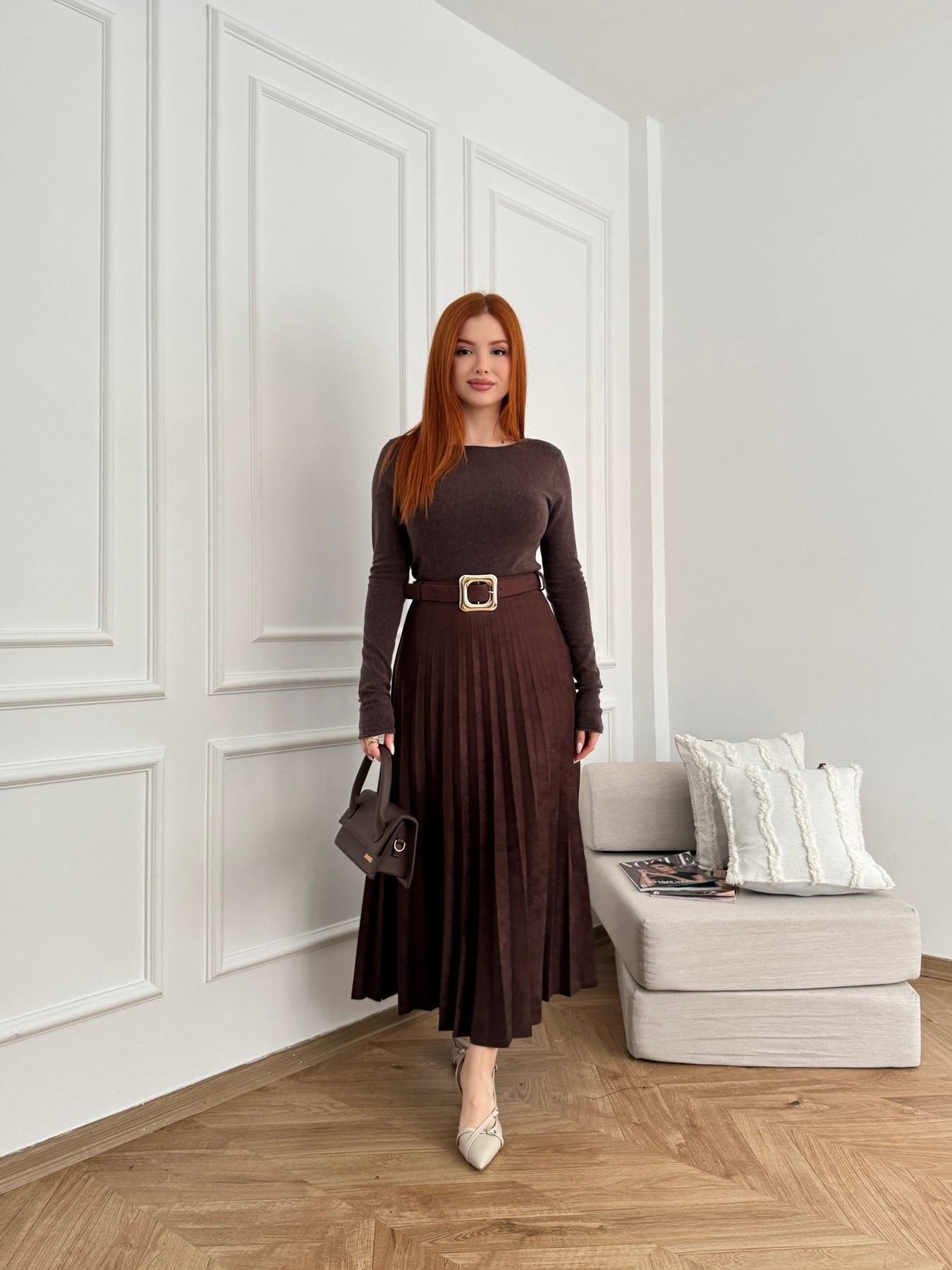 Kemerli Pileli Uzun Etek Kahve