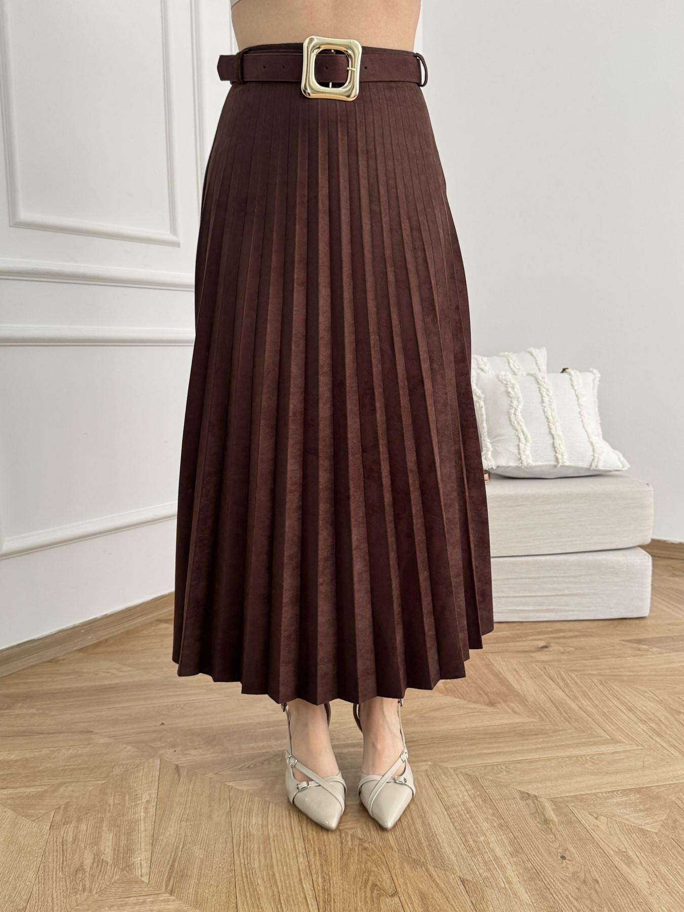 Kemerli Pileli Uzun Etek Kahve