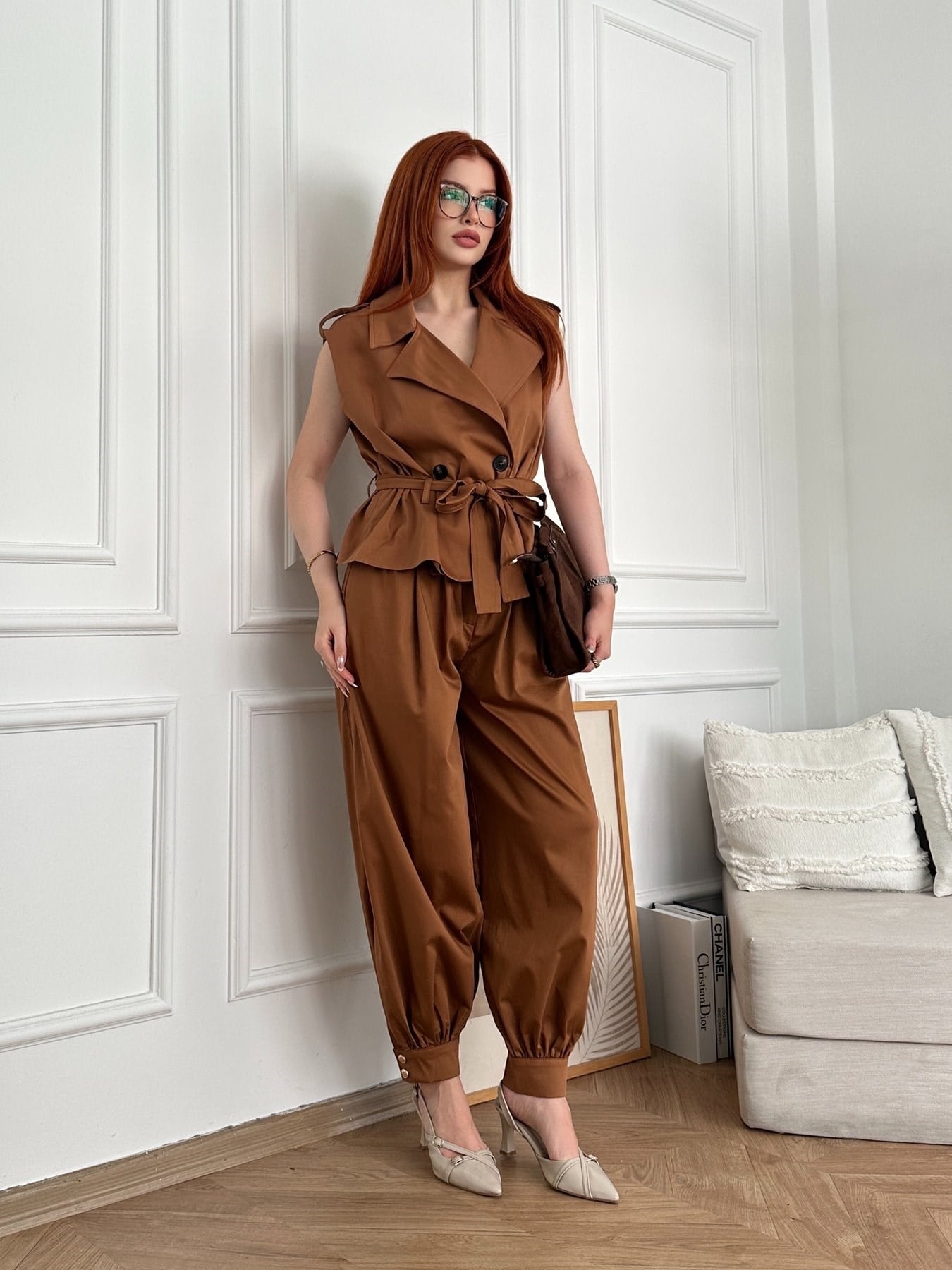 Kemerli Şalvar Kesim Pantolon Taba