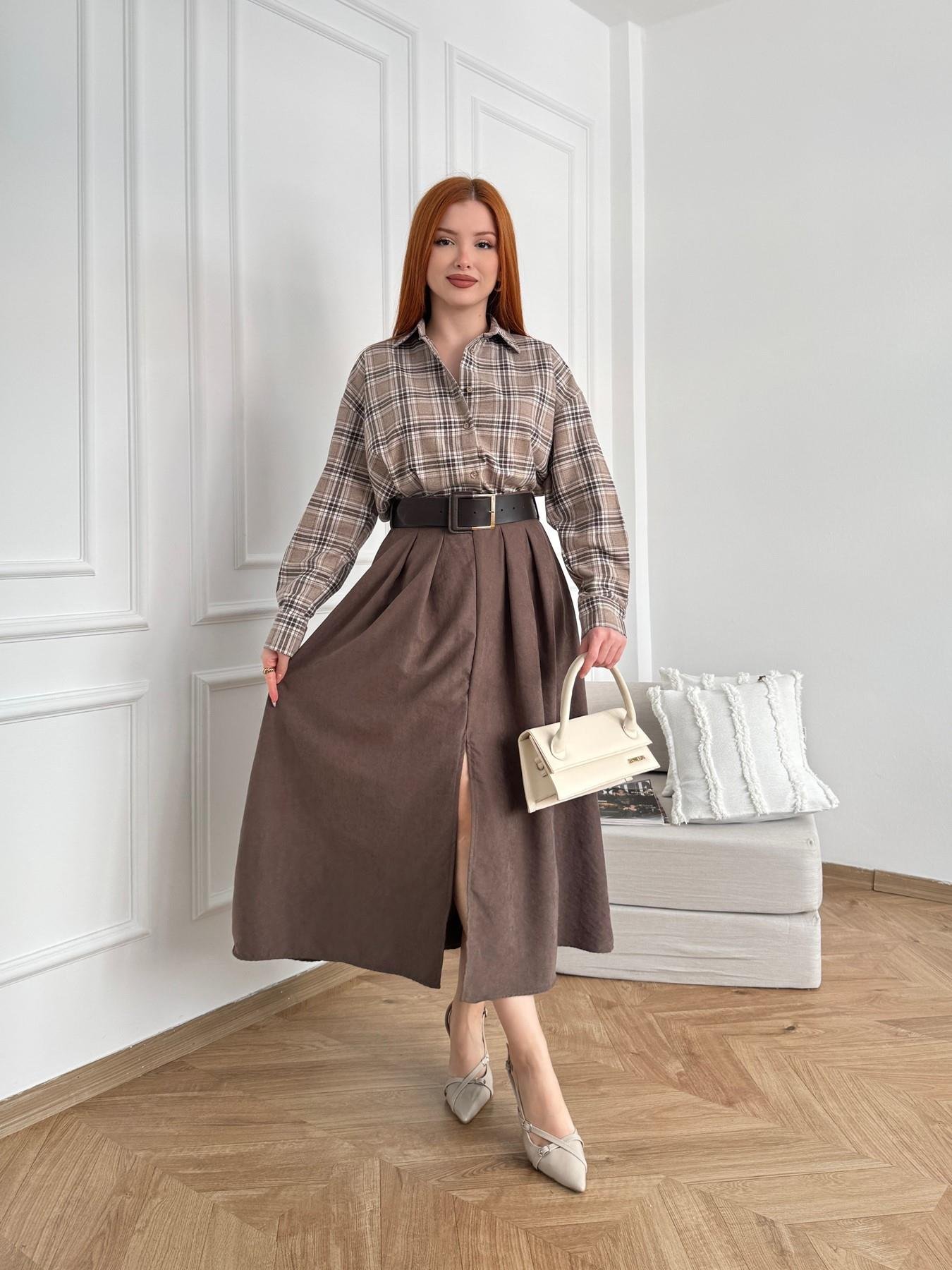 Kemerli Süet Etek Kahve