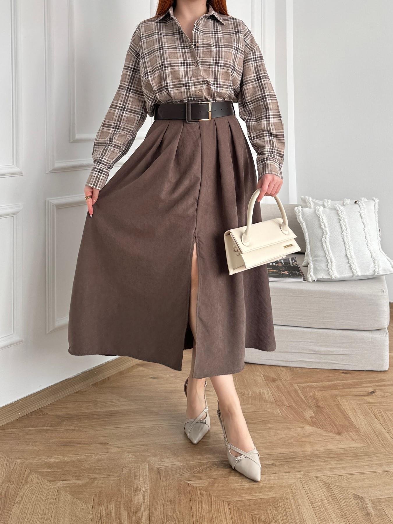 Kemerli Süet Etek Kahve