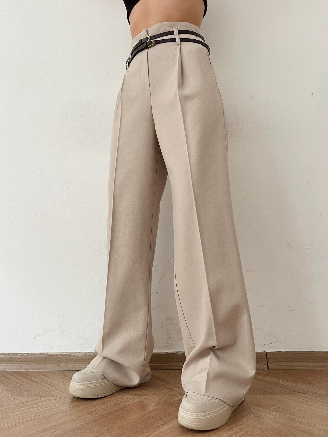 Kemerli Yüksek Bel Palazzo Pantolon TAŞ