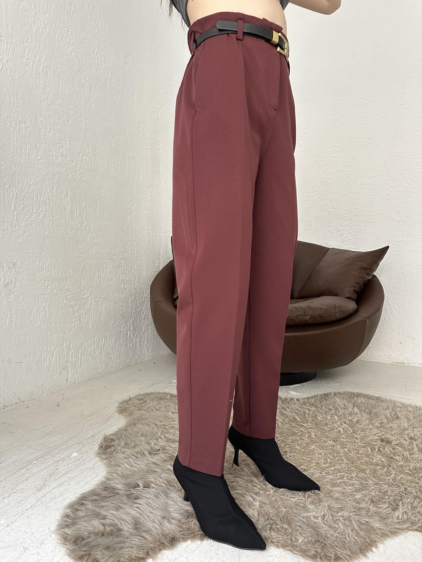 Kemerli Yüksel Bel Pantolon BORDO