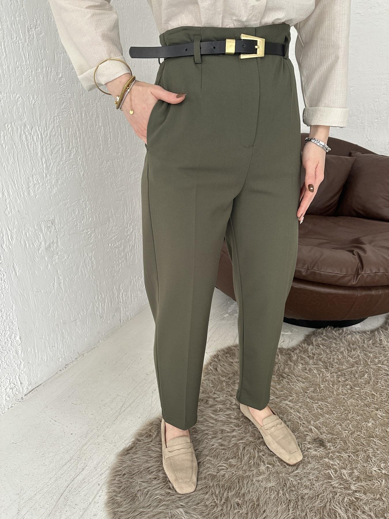 Kemerli Yüksel Bel Pantolon Yeşil