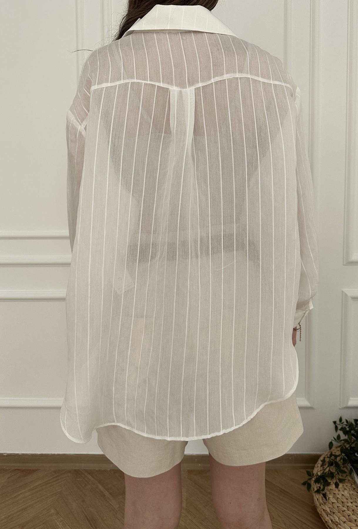 Kendinden Çizgili Gömlek Ekru