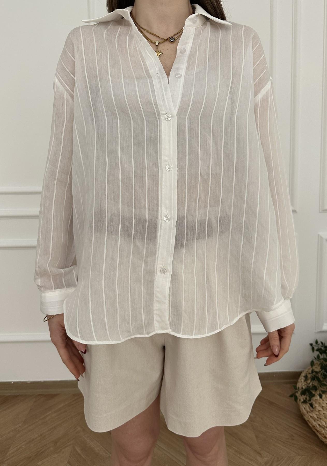 Kendinden Çizgili Gömlek Ekru