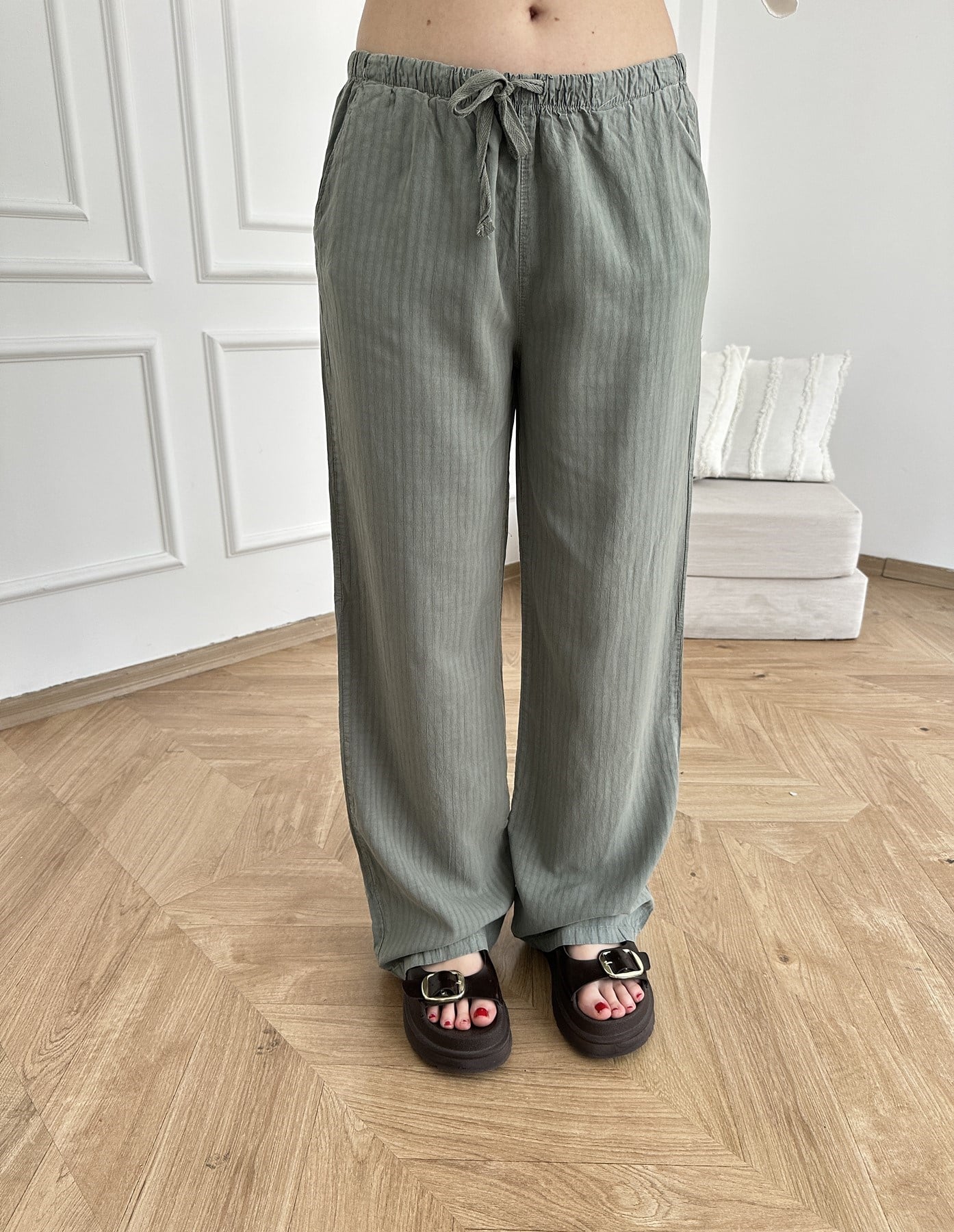 Kendinden Çizgili Tencel Pantolon Açık haki