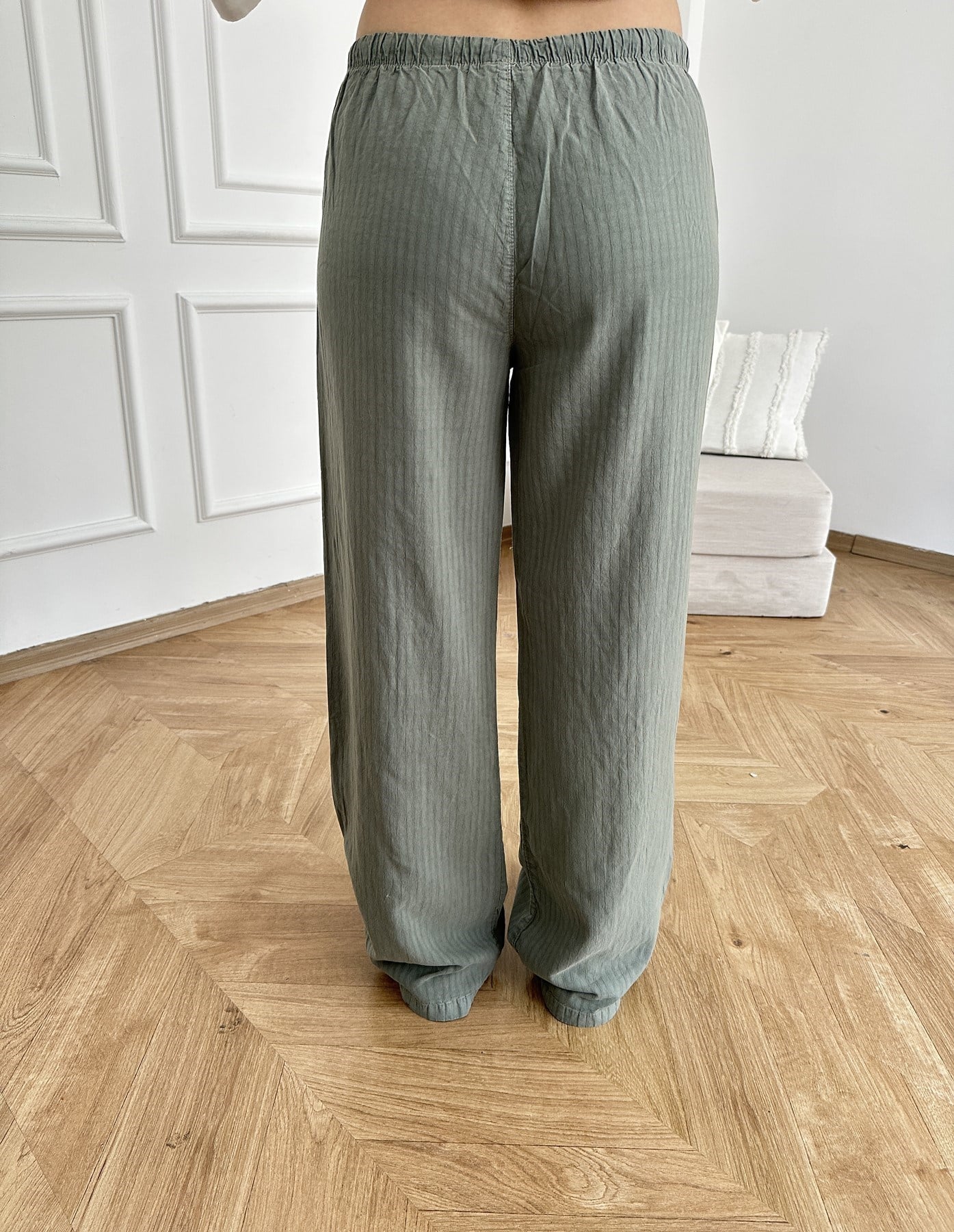 Kendinden Çizgili Tencel Pantolon Açık haki
