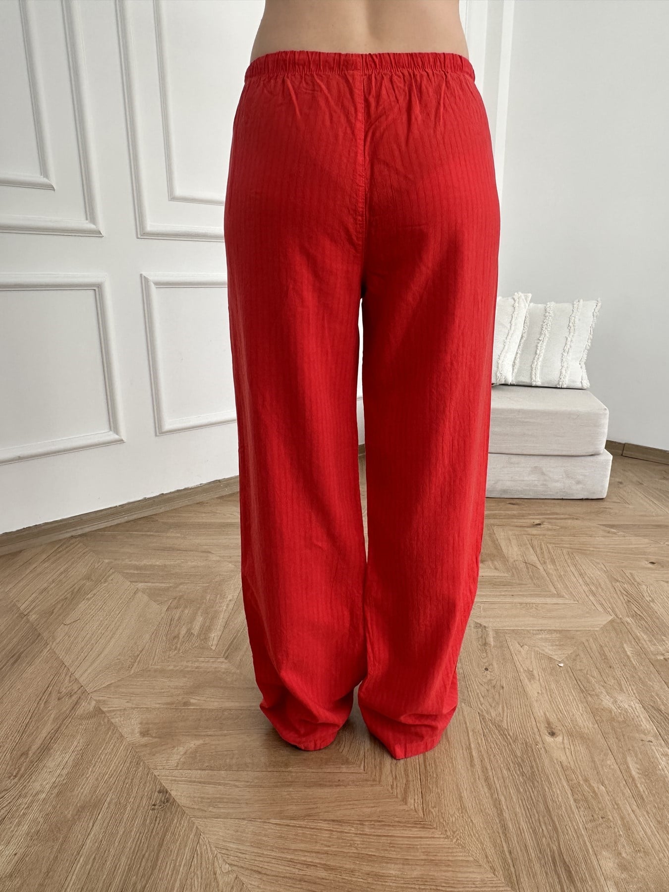 Kendinden Çizgili Tencel Pantolon Kırmızı