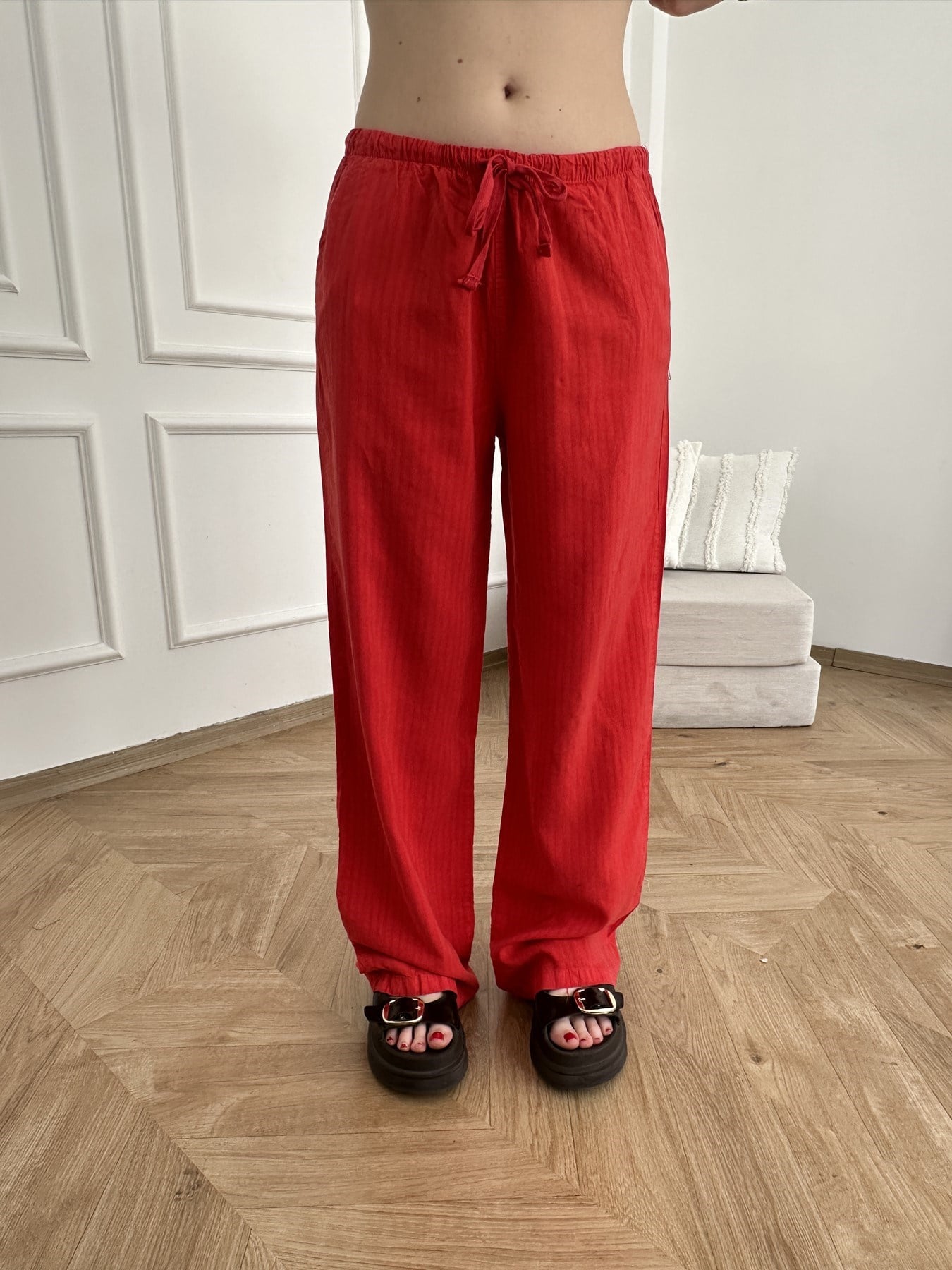 Kendinden Çizgili Tencel Pantolon Kırmızı
