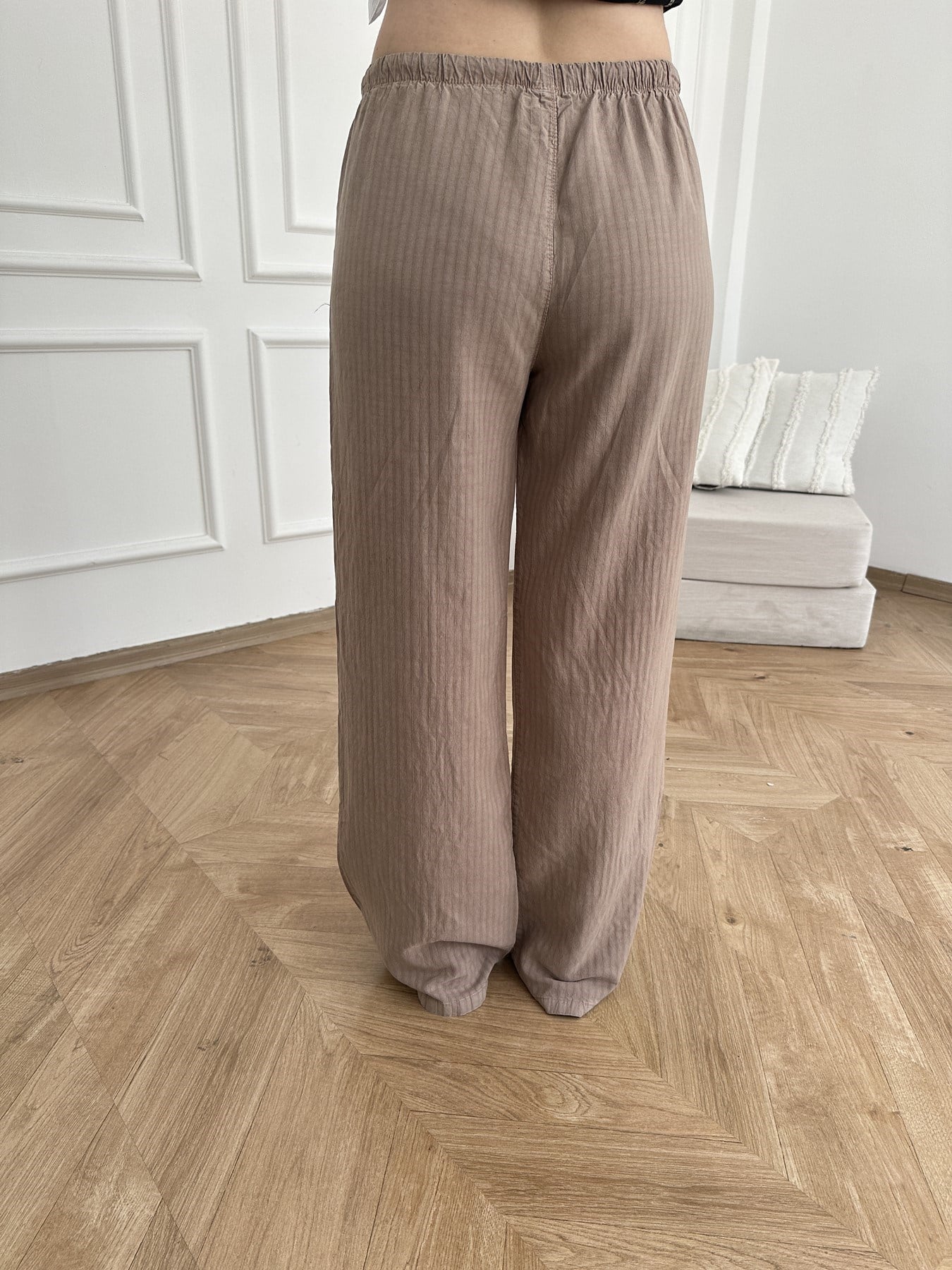 Kendinden Çizgili Tencel Pantolon Vizon